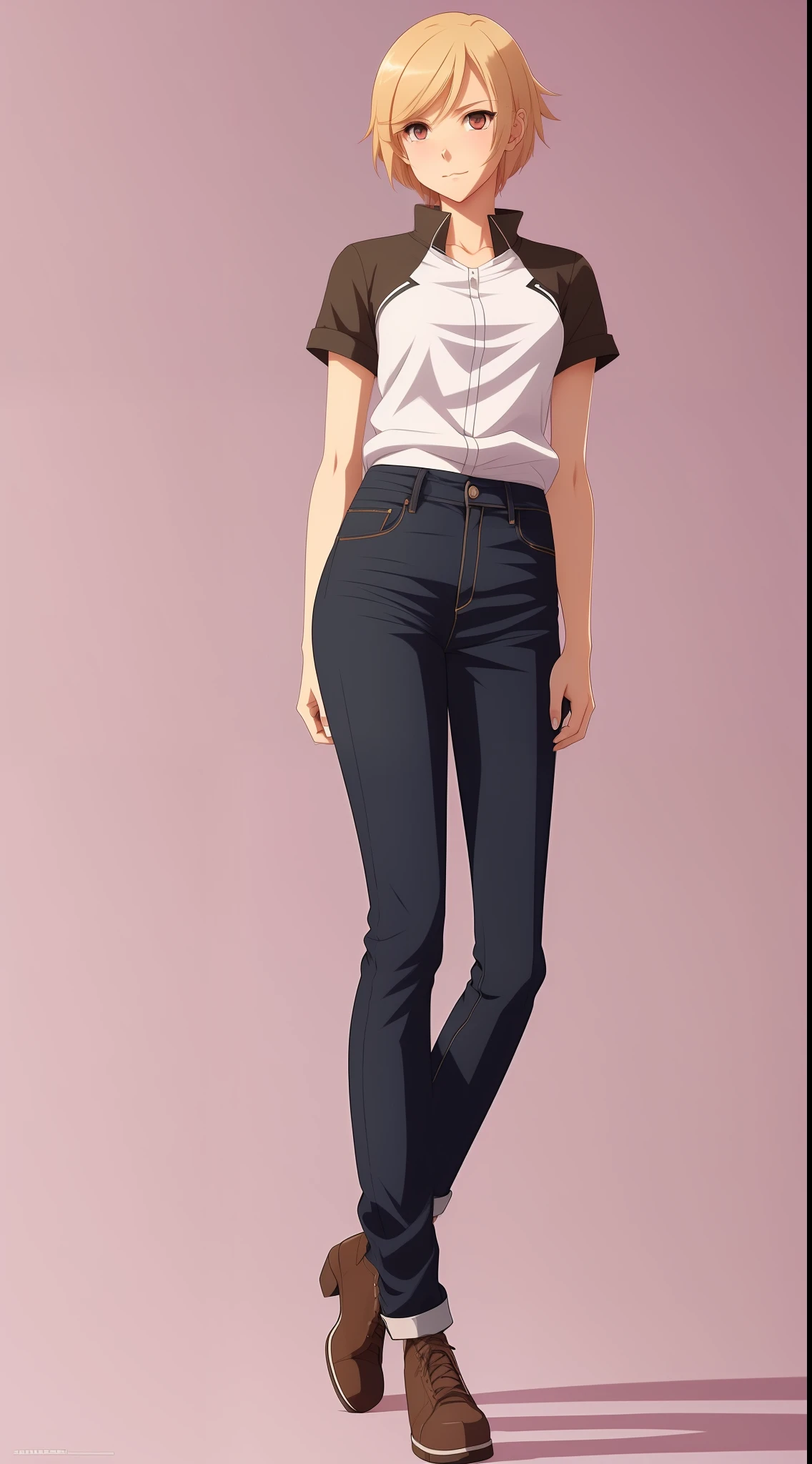 [por Artgerm y WLOP e Ilya Kuvshinov y RHADS y Loish y Rossdraws] por artista "anime", Anime Key Visual, Japanese Manga, Pixiv, Zerochan, Arte anime, Fantia, Girl with 20 years of short blonde hair, (((cuerpo completo))), jeans negros, delgada, Corte quiff, full body ,character design