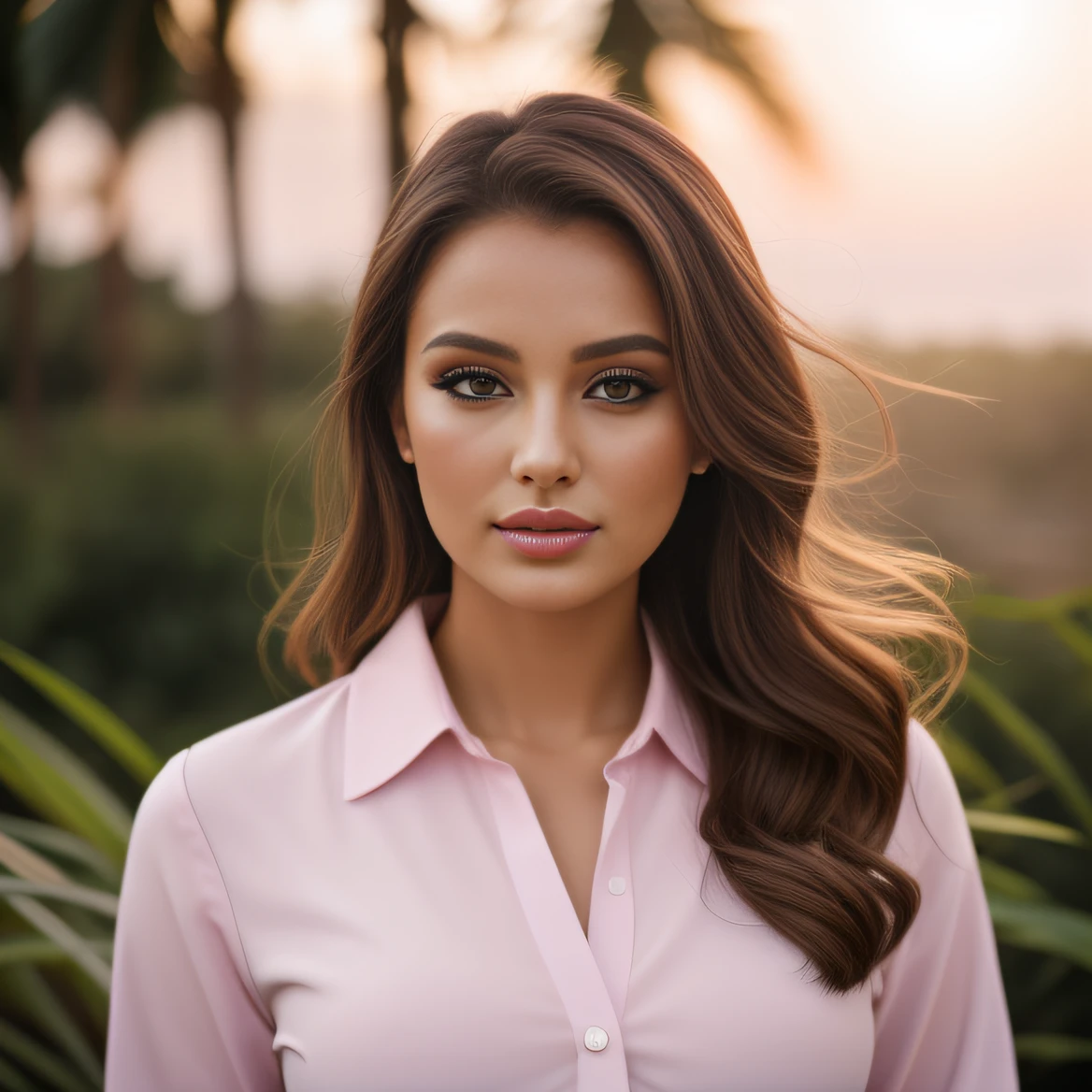 Mulher de camisa rosa posando para um retrato na frente de palmeiras, Retrato Sophie Mudd, Pokimane, Alina Ivanchenko, Jovana Rikalo, Viktoria Gavrilenko, Anna Nikonova aka Newmilky, foto profissional bem iluminada, foto de perfil headshot, Valentina Embaralhamento, outdoors business portrait, Olga Buzova