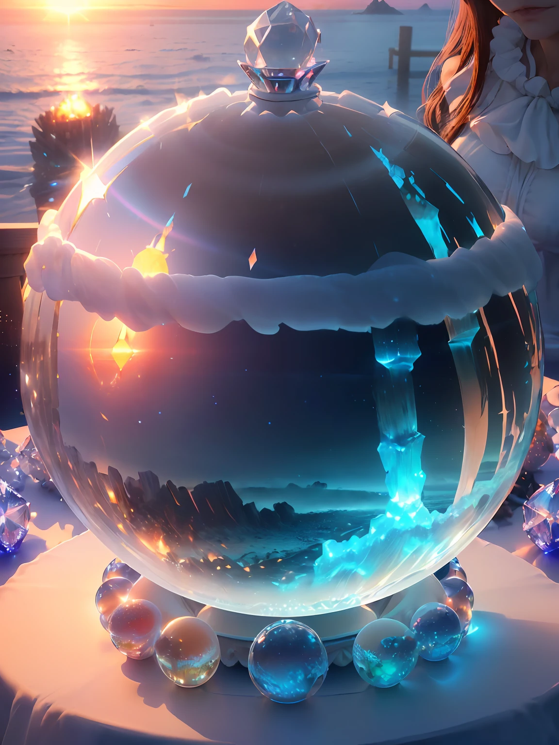 Hyper-realistic、16K High Resolution、(Maximum Sharp Focus:1.3)、(Maximum Close-up:1.5)、(Single crystal ball with pedestal on table:1.4)、(Large bokeh background、blue back light:1.3) 、(sea side、bonfire、sunrises、White fog:1.5)