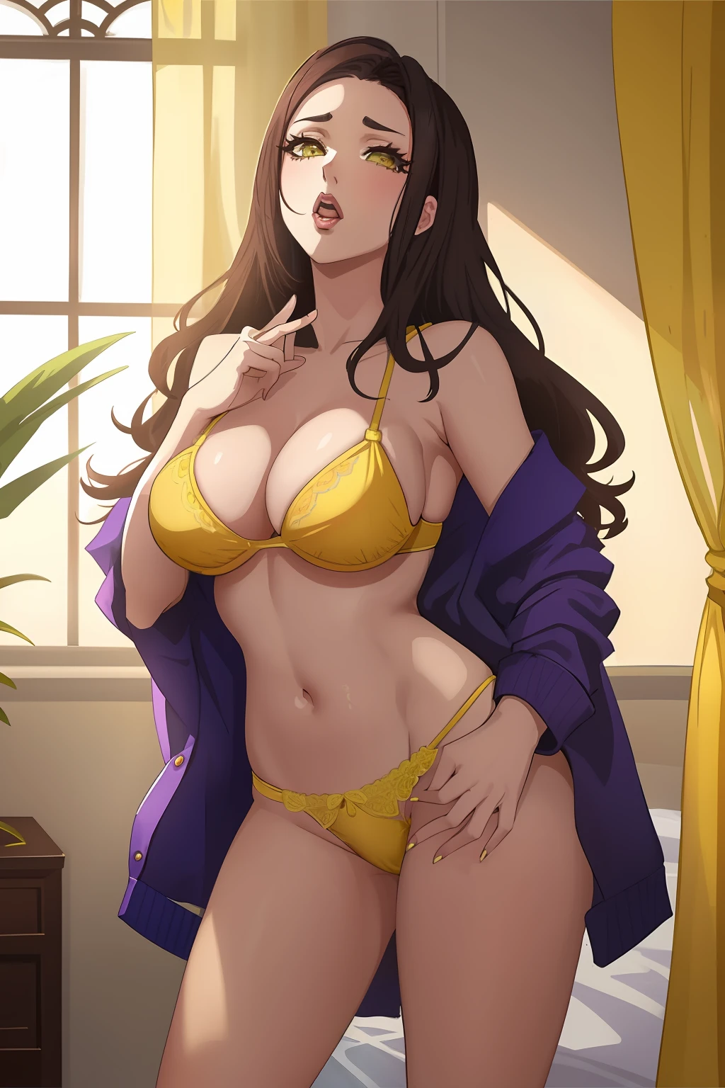 araffed woman in yellow lingerie posing in a room, seductive lady, in yellow bikini, angelawhite, hot petite, beautiful yellow woman, in a yellow bikini, posing in a bedroom, yellow translucent lace, alone gorgeous latin woman, sexy girl, yummy, seductively looking in front, seductive pose, wearing sexy lingerie, posing in bra, violet myers