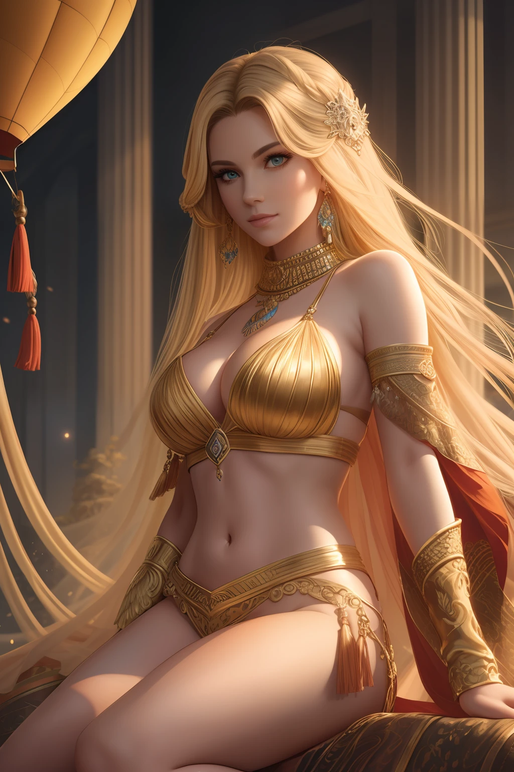 Full body portrait of a beautiful goddess, blonde flowing hair, large bust, wearing a two piece tassel outfit, sitting in a hot air balloon, looks into the camera, symmetrical eyes, symmetrical face, photorealistic, photography, path tracing, specular lighting, volumetric face light, path traced hair, visible shadows, shadow mapping, glossiness map, visible reflections, fantasy
