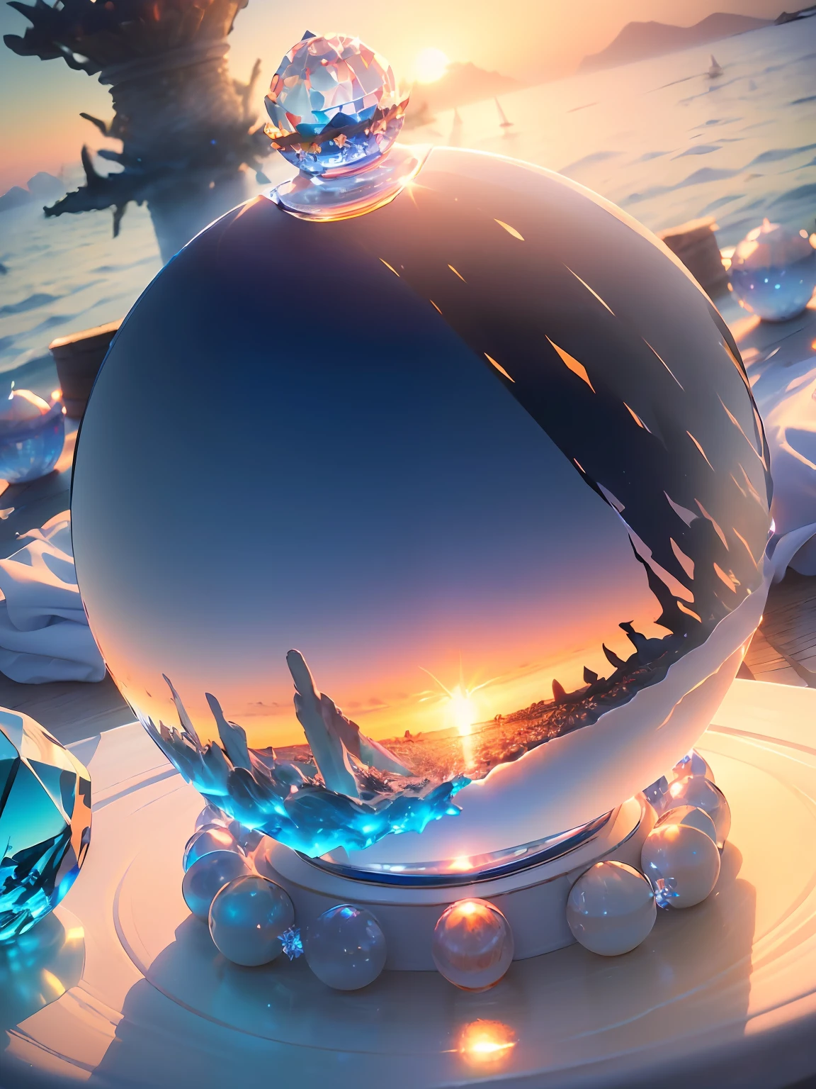 Hyper-realistic、16K High Resolution、(Maximum Sharp Focus:1.3)、(Maximum Close-up:1.5)、(Single crystal ball with pedestal on table:1.4)、(Large bokeh background、blue back light:1.3) 、(sea side、bonfire、sunrises、White fog:1.5)