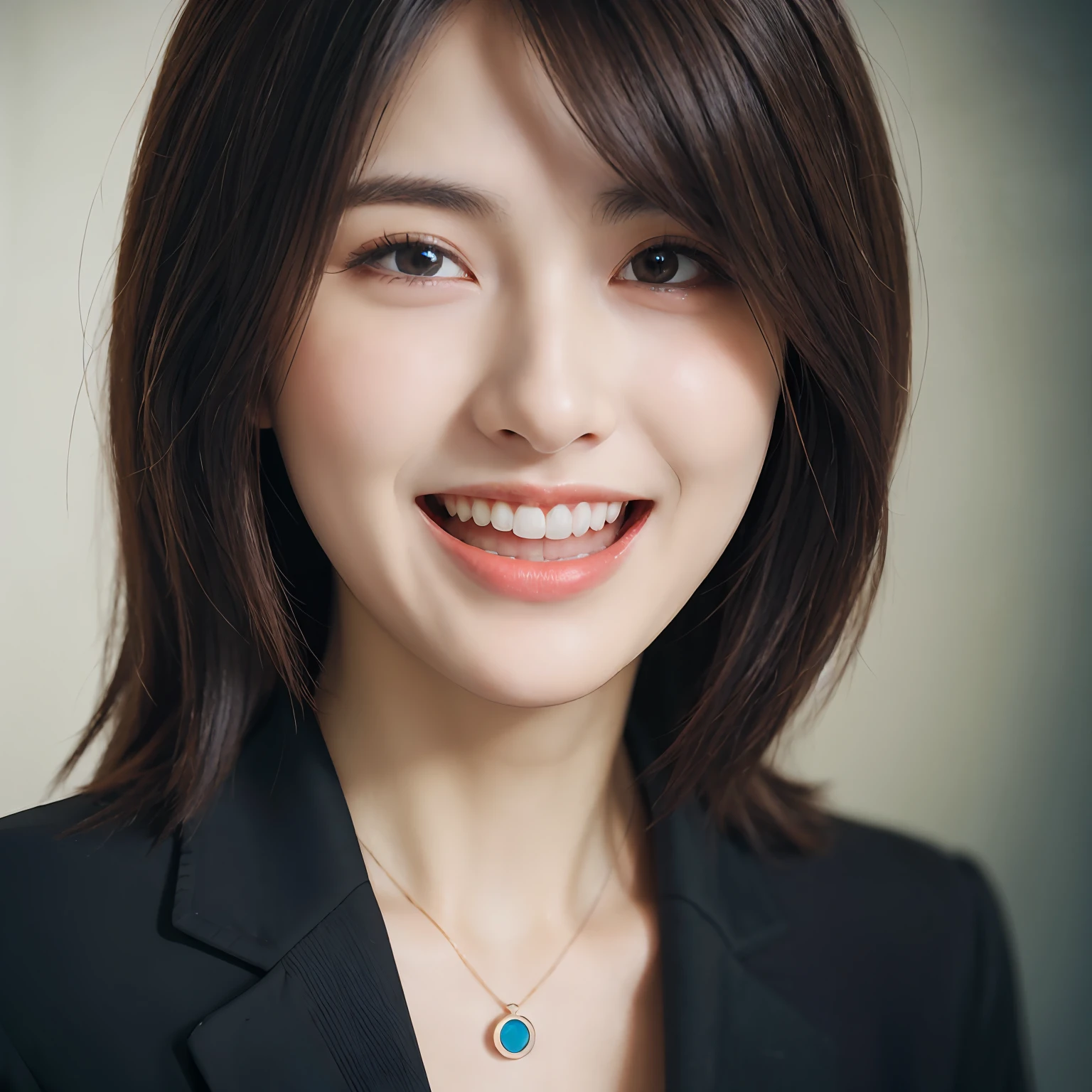 Dressed, (photographrealistic:1.4), (Hyper realistic:1.4), (Realistic:1.3), (Smoother lighting:1.05), (increase cinematic lighting quality:0.9), 32K, 1girl in,25-years old, Realistic lighting, Backlighting, Light on Face, raytrace, (Brightening light:1.2), (Increase quality:1.4), (Top quality real texture skins:1.4), finely detailed eyes, finerly detailed face, (tired and sleepy and joy:0), (Laugh:1.4), Black Suit,a necklace, (Increase body line mood:1.1), (Increase the beauty of skin texture:1.1)
