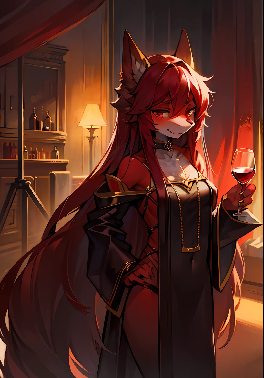 Behind the scenes,Long hair,furry ,Holding red wine