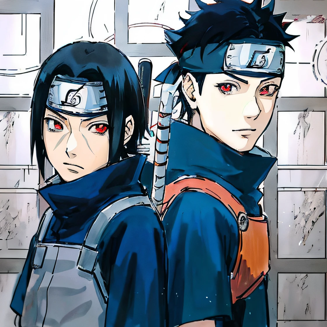 Anime characters with red eyes and black hair standing next to each other, de Naruto, itatchi uchiha, Shinobi, Itachi uchiha, Naruto, Itachi, Akira Akatsuki, Katsuhiro e Inio Asano, Hidari, T, sasuke uchiha, Hidetaka Tenjin, by Eizō Katō