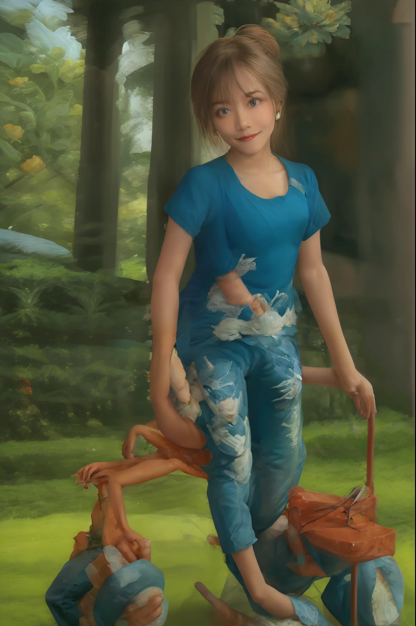 Imagine um menino, masculino, 8 anos de idade, brincando em um parque, expression of happiness, usando camisa azul Royal, segurando um carrinho de brinquedo vermelho, alta resolução, rico em detalhes, obra prima, melhor qualidade