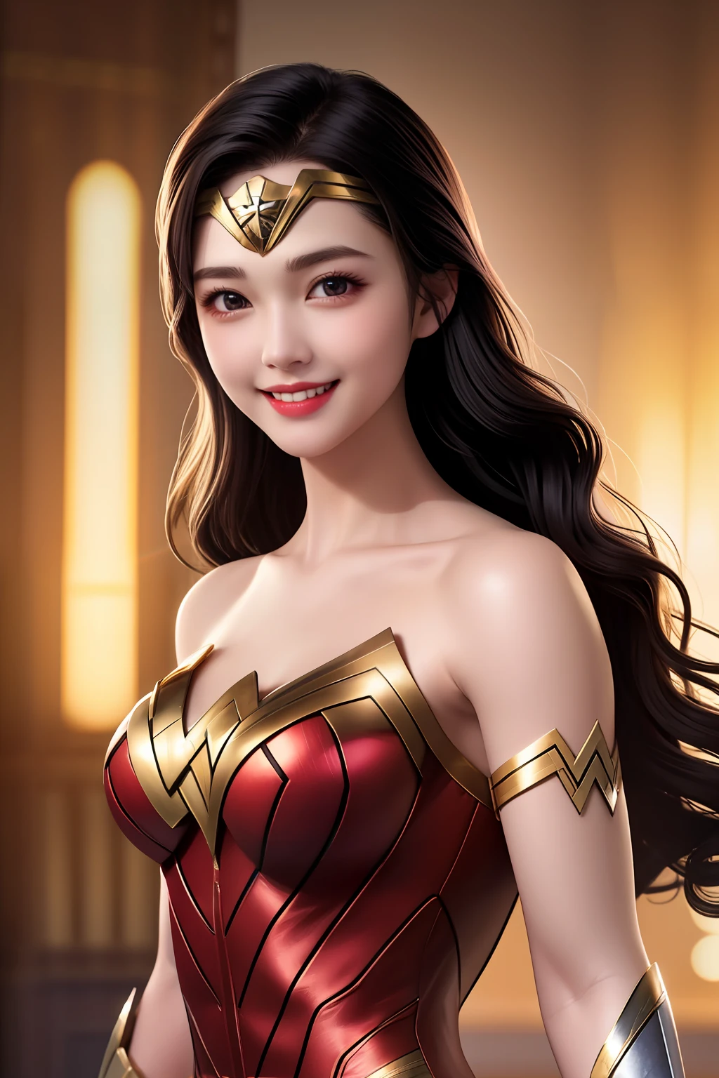 Best Quality, Masterpiece, Super High Resolution, 1girl, Wonder Woman, Glowing Skin, Light Smile,