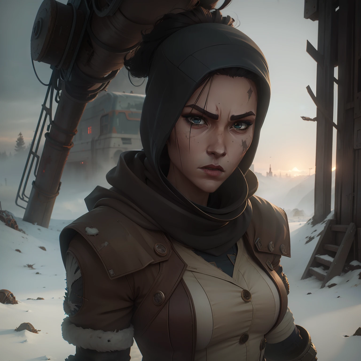 Girl with scars on face scifi post-apocalyptic winter clothes J style. Scott Campbell