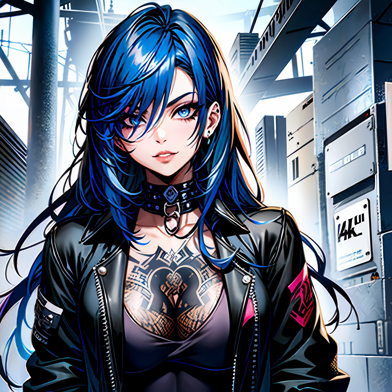 goth girl, blue hair, tattooed,  black jacket, black shirt, seductive face, detailed face, 4k, masterpiece