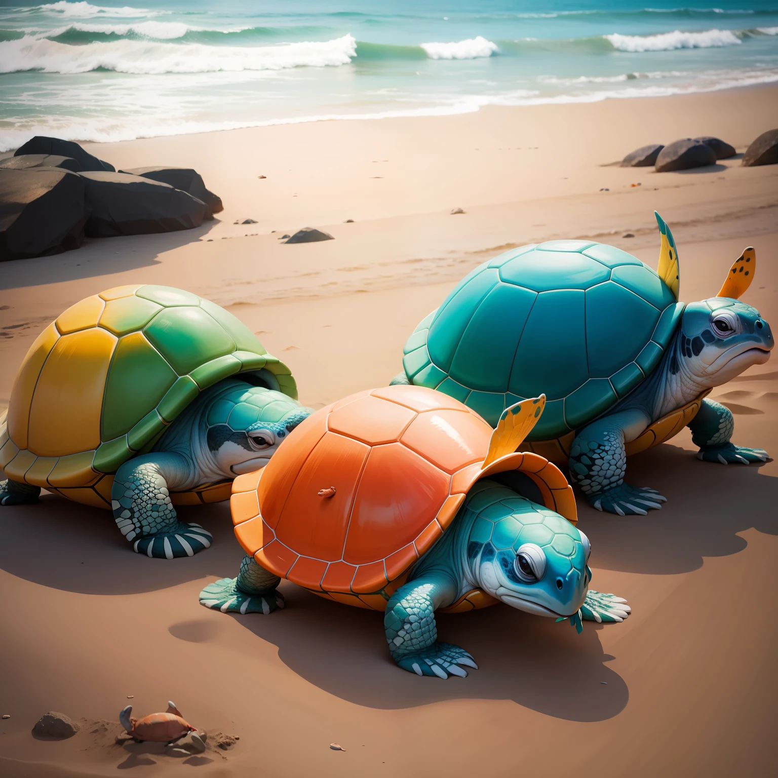 Colorful turtles on a beach