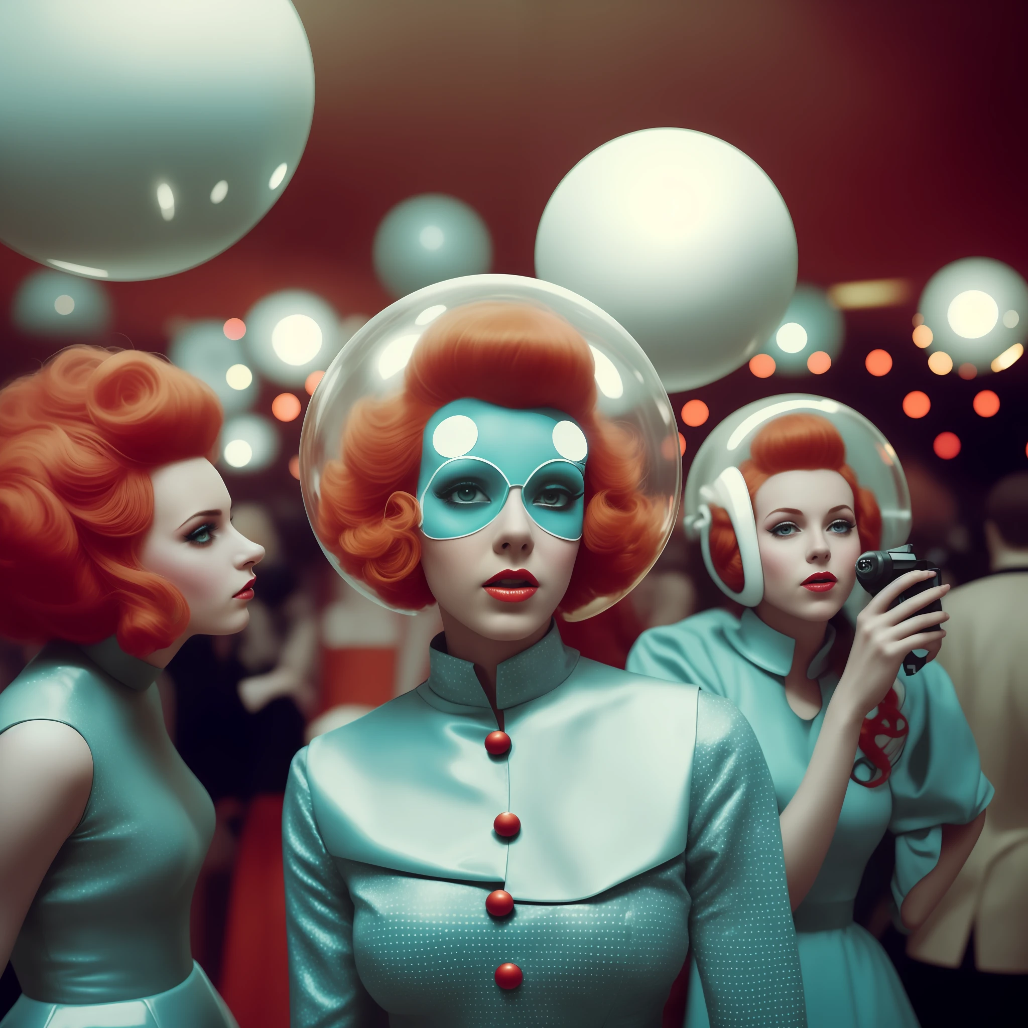 There are a lot of people with red hair and clown makeup, futuristic ballroom. olhos grandes, Fotografia Alexey Gurylev, Fotografia Alexey Kurylev, retro futuristic style, Estilo vanguardista surreal, 5 0's vintage sci - estilo fi, 7 0's vintage sci - estilo fi, Retro Futuristic Fashion, Retro Sci - Imagem de FI