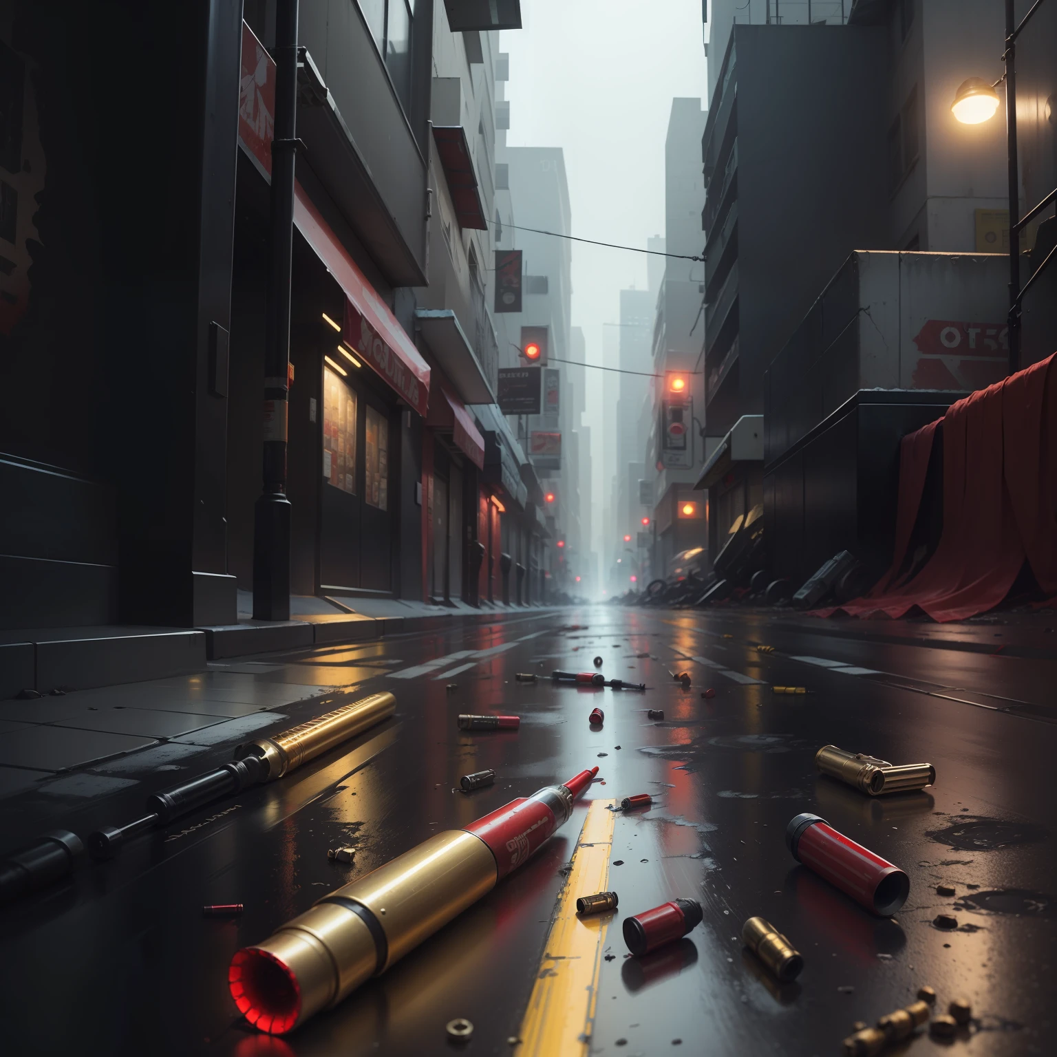 A single tube of blood stained red lipstick tube lying on the sidewalk of a cyberpunk city during the rain. It is surrounded by brass bullets, shotgun shells, a grenade, and a combat knife. Top down perspective