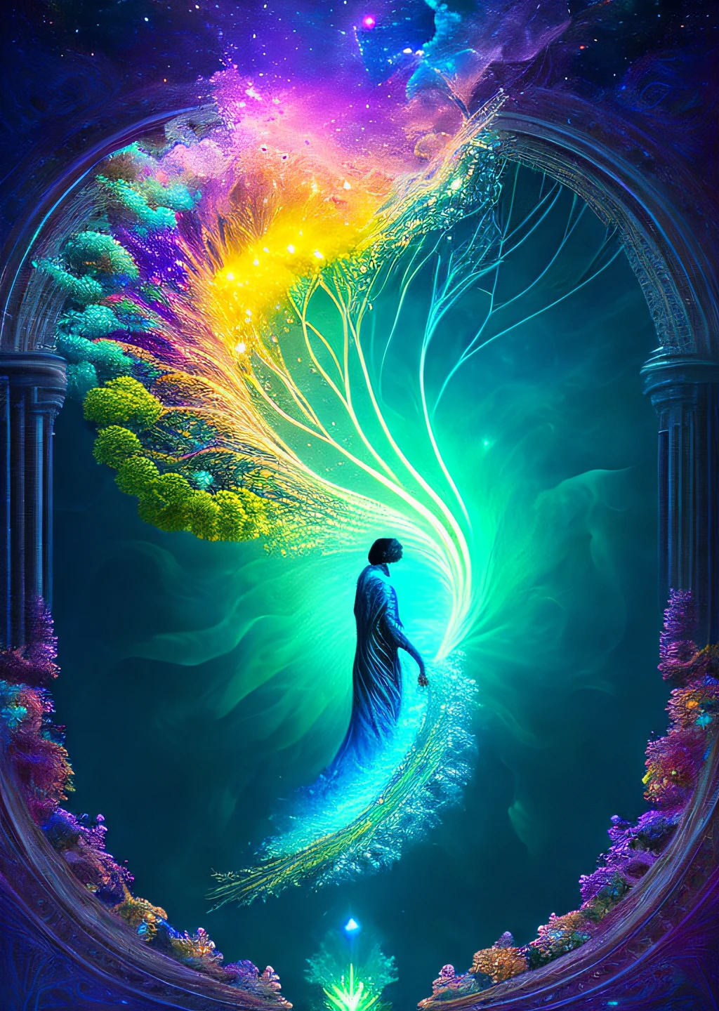 Diving Into The Ether Flowing with The Eternal Soul Through Vibration of love, everything is connected, Flowing energy, Spiritual, divine, dreamlike, cosmic, concept art, mind blowing, feminine beauty, god, pineal gland, dreamlikeart