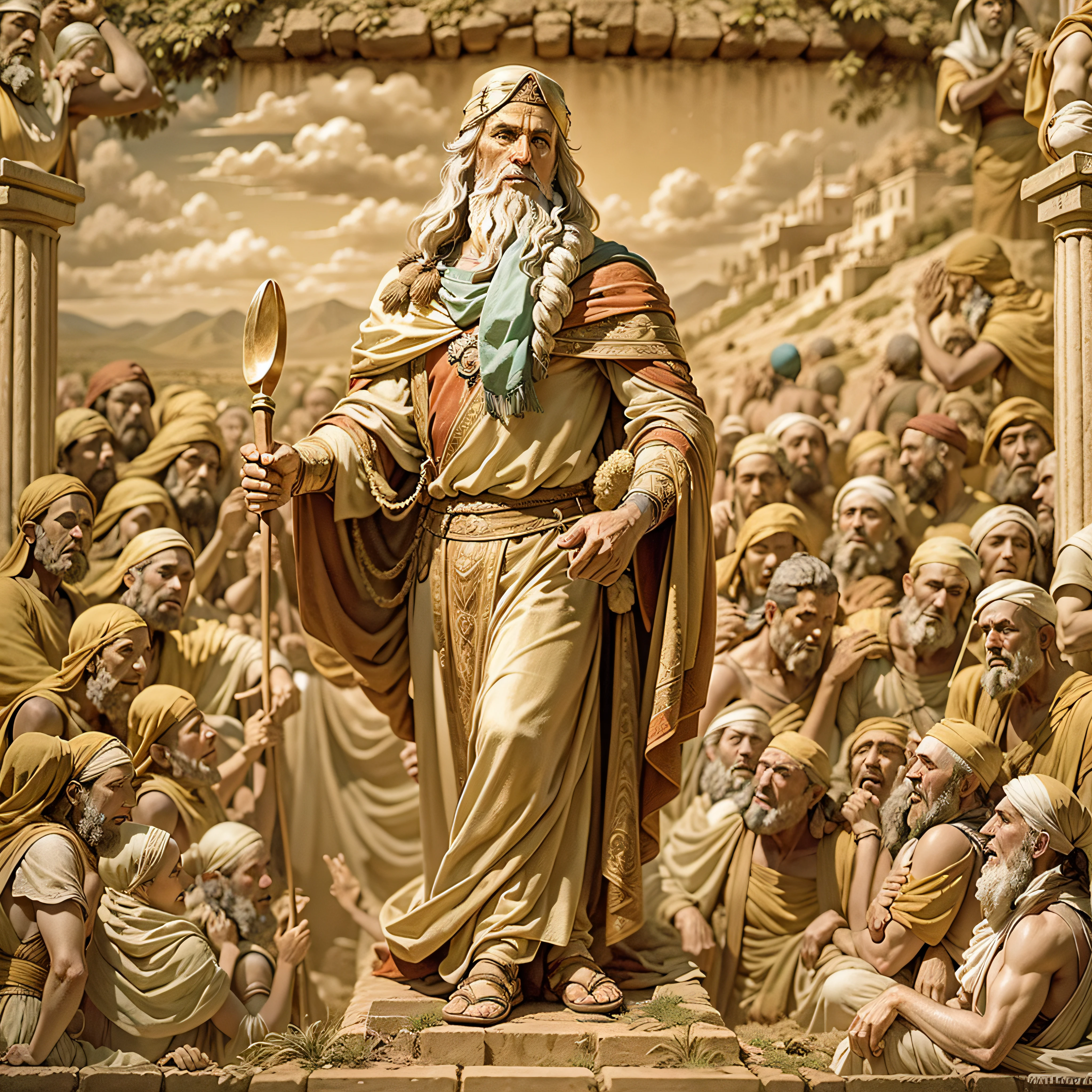Moses as a figure of inspiration, leading his people with determination to the Promised Land. Cena majestosa e edificante, with the Hebrew people showing admiration and gratitude. Beauty and hope symbolized in the landscape