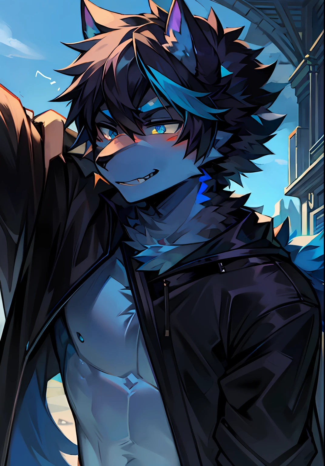 1boy,Black hair,黑The eye,werecreature,Angular,Bluish blue hair