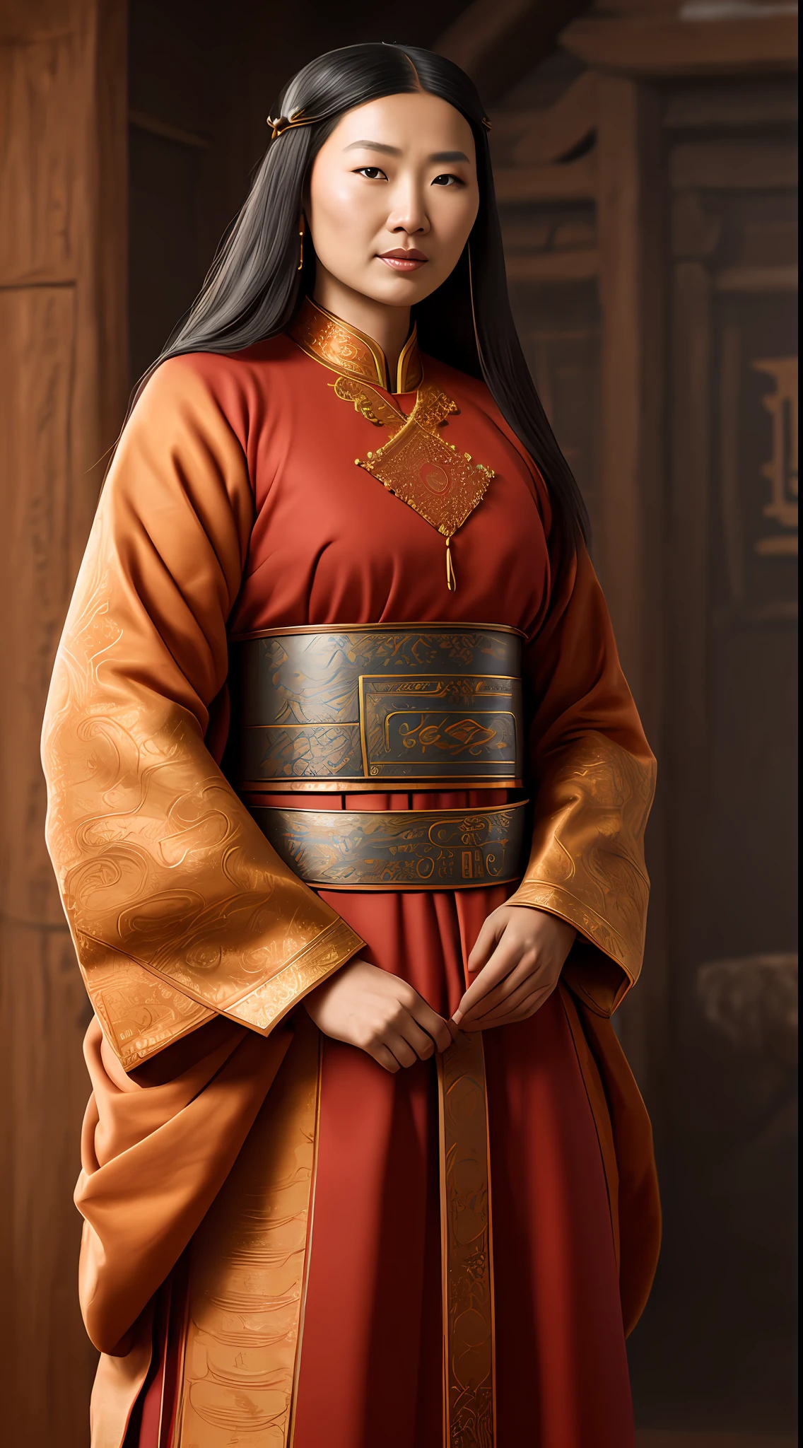 {Hoelun, the influential mother of Genghis Khan, portrayed as a crucial advisor of the Mongol Empire in her traditional 13th-century Mongolian attire, her features are wise and determined.}, 4K Oil Painting, Greg Rutkowski Inspired, Art Station, 35mm, Medium Shot, Octane Render (greg rutkowski:1.1)(4K:1.2)(13th-century Mongolian attire:1.15)(Mongol Empire:1.3).