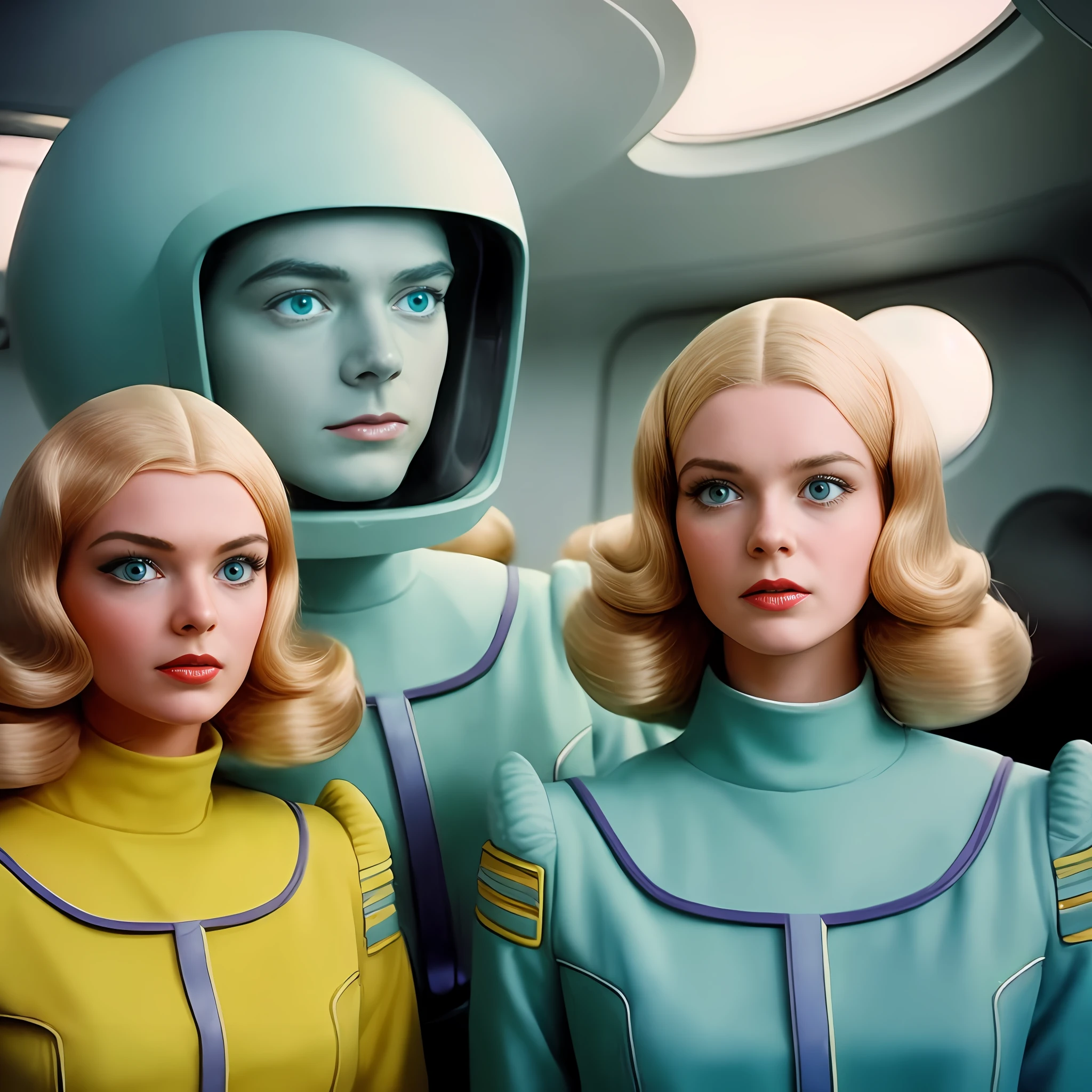 Two women in spacesuits stand next to a man in a space suit, Retro Sci - Imagem de FI, 1 9 6 0's sci - fi, 7 0's vintage sci - estilo fi, Elle Fanning como um androide, retro science fiction film, 7 0 s science fiction, Retro Sci - Science fiction film, 1 9 7 0's sci - fi movie