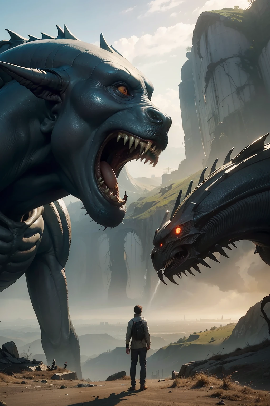 a highly detailed matte painting of a man on a hill watching a giant alien monster, by makoto shinkai, by artgerm, by wlop, by greg rutkowski, volumetric lighting, octane render, 4k resolution, trending on artstation, masterpiece
