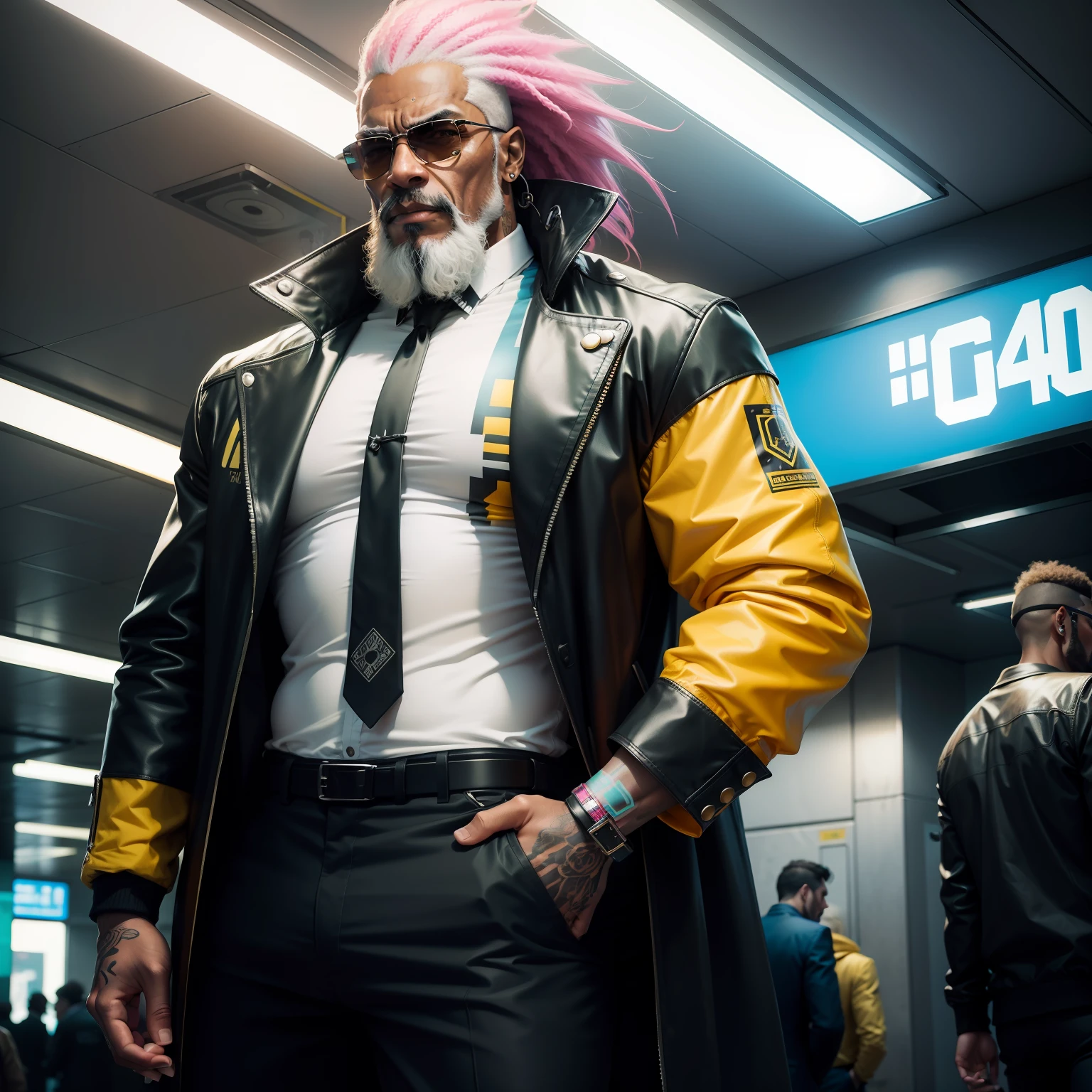 gostaria de uma imagem estilo cyberpunk em 4k de um homem de mais ou menos 40 anos ,portanto,portanto,africano, forte, musculoso,Bodybillder,muito forte de pele negra ,barba grande,barba, Estiloso Barbon,com cabelo punk estilo anos 80 na cor amarelo e cinza escuro,muito eLegante,, futurista e estiloso neon , com uma tatuagem super colorida e com neon ,Toattoo, facing a metro station on the platform , with station lights failing in a dimly lit environment, standing dressed in a dark yellow suit with a pink bow tie and baggy shirt.