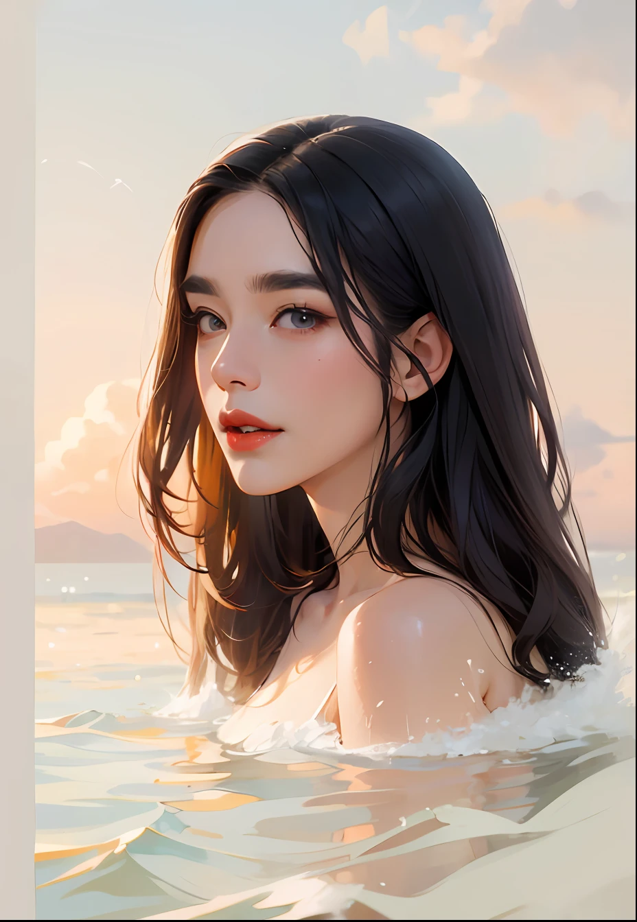 top-quality、masterpiece、超A high resolution、Faithful photos、A Japanese Lady、Bathing, Look at viewers, bikini of, Arms up, Black hair, Thick eyebrows, Red Lip, eyeshadows、Wet clothes、Wet hair