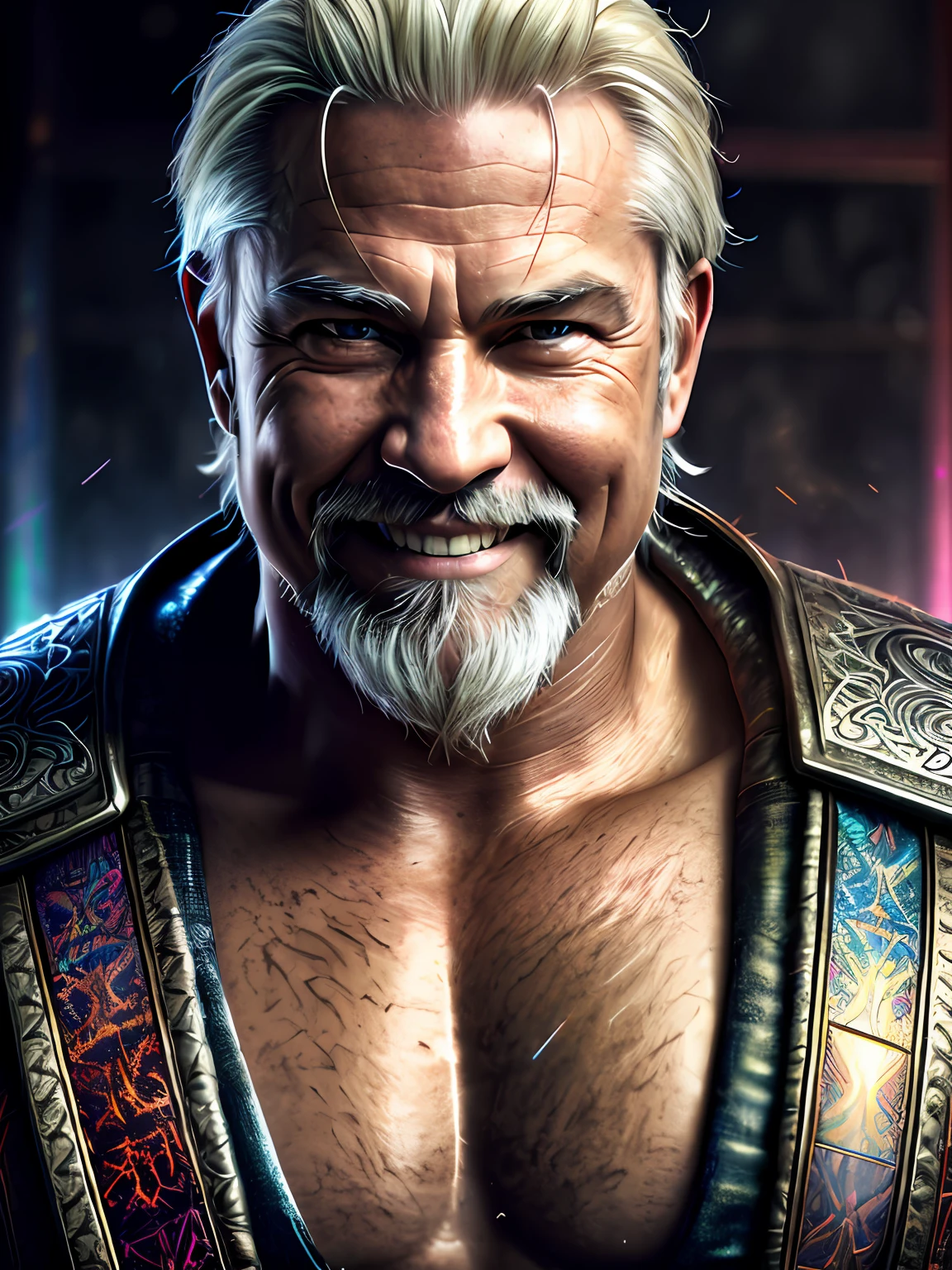 a portrait of a smiling, toxic, muscular, thunder god, elder, (hdr:1.28), , hyper-detailed, cinematic, warm lights, intricate details, hyperrealistic, dark radial background, (soft colors:1.38), (neutral colors:1.2) )