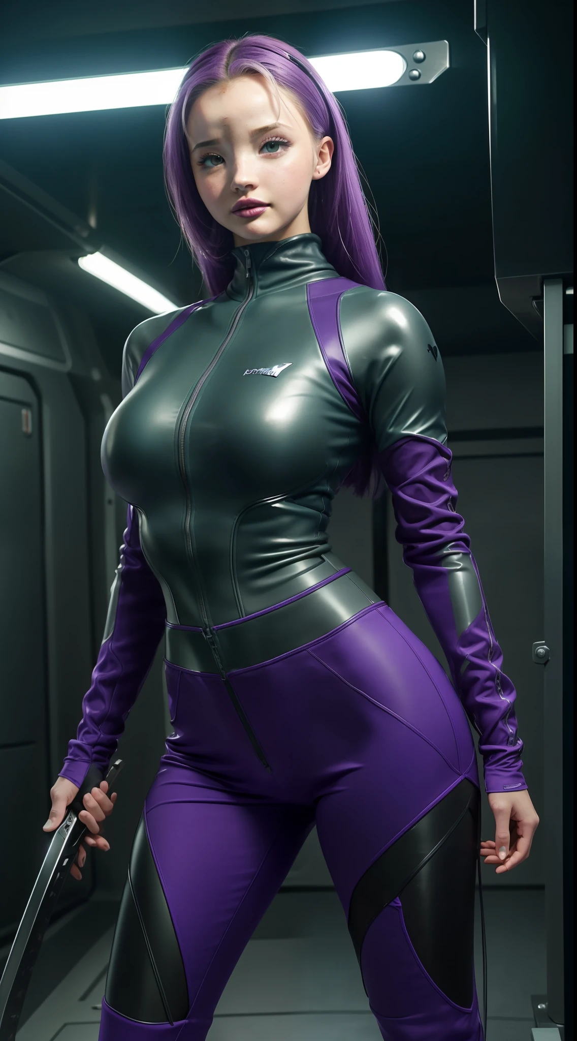 8k, ARTISTIC photography, best quality, masterpiece: 1.2), (realistic, photorealistic: 1.37)` Movie still from johnny mnemonic movie directed by (Robert Longo), (cyberpunk girl Holding a KATANA ), (((Dove Cameron))) beautiful body, voluptuous, perky breast (( dressed in a Futuristic Sportswear Tech Fleece )), (((over-detailed clothing))), (((the color of the clothes is Purple))), posing, IN secret underground biolab.. background, a room filled cloning tanks ((green))