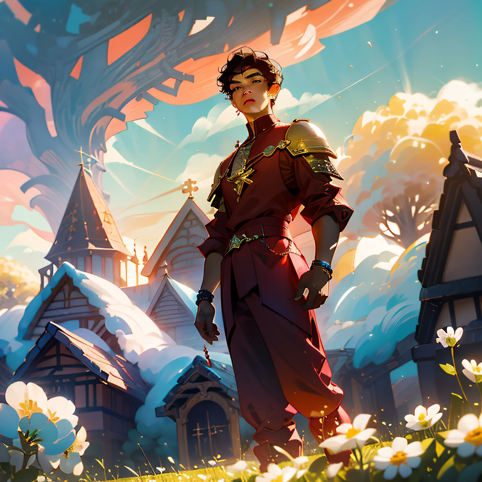 The Official Artwork, Masterpiece, Sharp Focus, A Teenage Boy (Handsome brown South American teenager with short curly red hair, wearing crimson colored suit with assorted gold accents, bracelets, rings and Crystals red, purple, blue, green crystals, yellows, pinks, blacks and whites : 1.3), South American, realistic, ultra detailed, handsome hot boy, blue sky, bright white particle, (side lighting: 1.2), sunlight, white cloud, detailed clouds, rosy sunset, scenery, building, (village:1.7) An Town with big cherry trees and bamboos that highlight a gigantic magic tower in the center of the village, epic scenery.