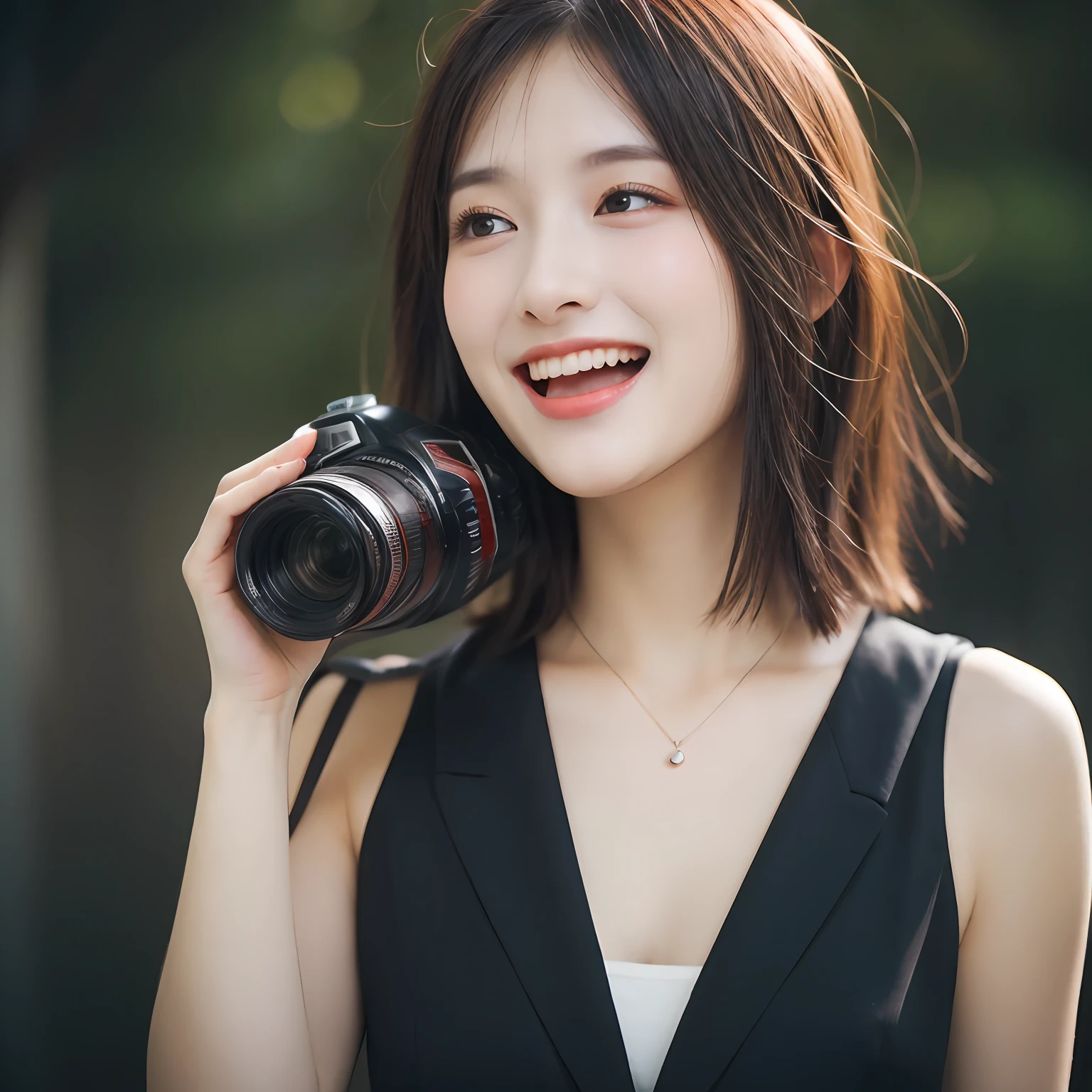 Dressed, (photographrealistic:1.4), (Hyper realistic:1.4), (Realistic:1.3), (Smoother lighting:1.05), (increase cinematic lighting quality:0.9), 32K, 1girl in,25-years old, Realistic lighting, Backlighting, Light on Face, raytrace, (Brightening light:1.2), (Increase quality:1.4), (Top quality real texture skins:1.4), finely detailed eyes, finerly detailed face, (tired and sleepy and joy:0), (Laugh:1.4), Black Suit,a necklace, (Increase body line mood:1.1), (Increase the beauty of skin texture:1.1)