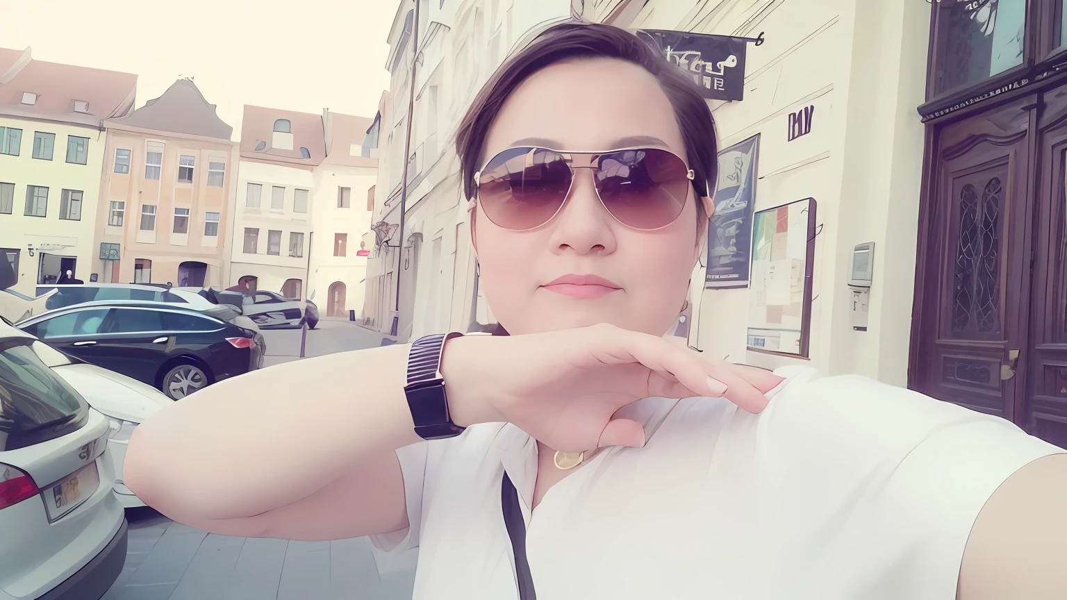 there is a woman wearing sunglasses and a white shirt posing for a picture, in city street, zeng fanzh, in sunny weather, in the middle of the city, with sunglass, in legnica!!!, sunny day time, in the city, vacation photo, in legnica, inspired by Vasile Hutopila, david luong