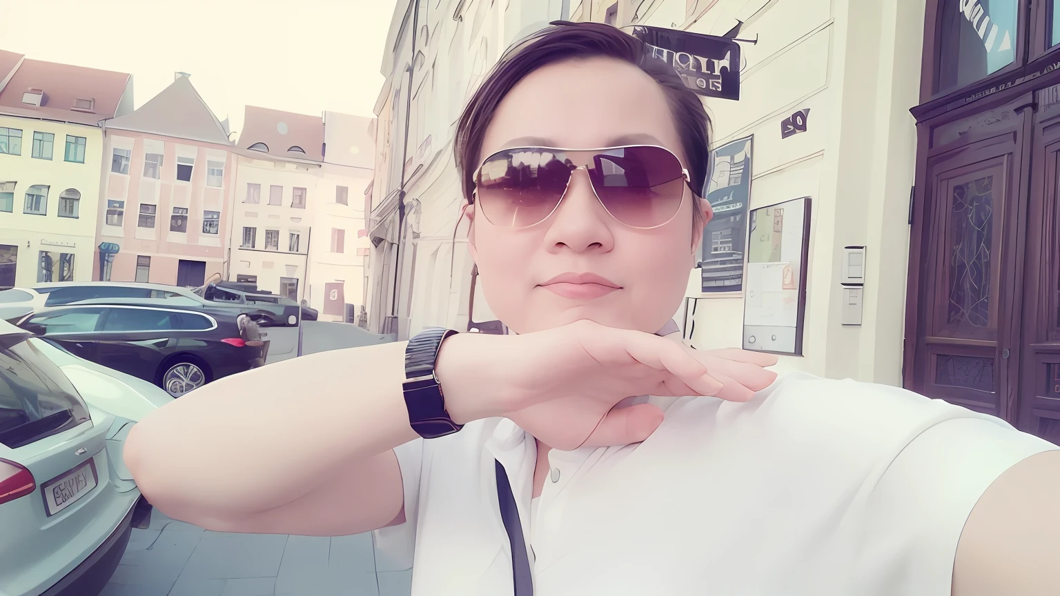 there is a woman wearing sunglasses and a white shirt posing for a picture, in city street, zeng fanzh, in sunny weather, in the middle of the city, with sunglass, in legnica!!!, sunny day time, in the city, vacation photo, in legnica, inspired by Vasile Hutopila, david luong