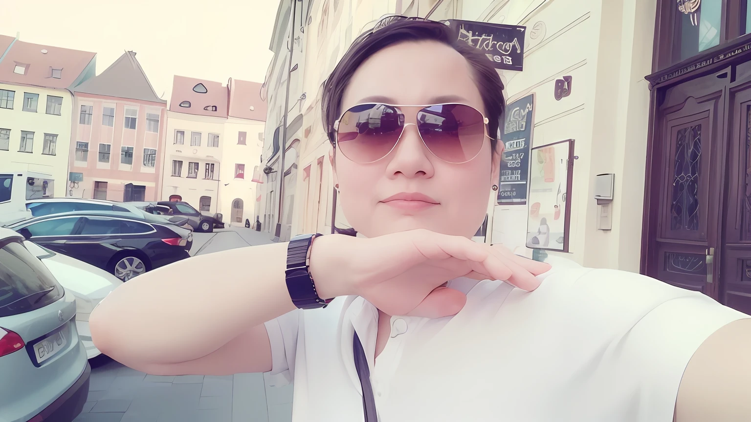 there is a woman wearing sunglasses and a white shirt posing for a picture, in city street, zeng fanzh, in sunny weather, in the middle of the city, with sunglass, in legnica!!!, sunny day time, in the city, vacation photo, in legnica, inspired by Vasile Hutopila, david luong