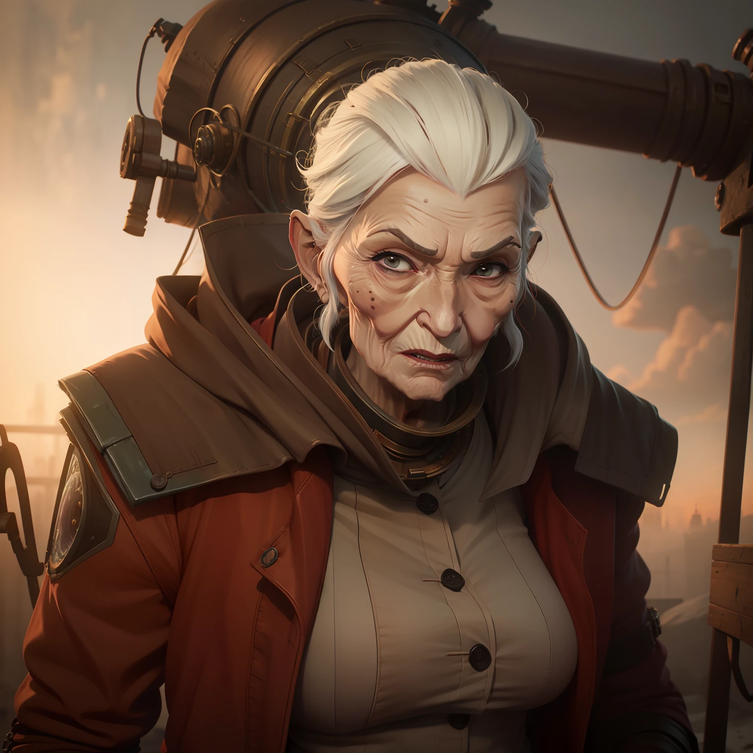 old woman lady old lady scifi scientist post-apocalyptic winter clothes style J. Scott Campbell fazendo pose de cansada