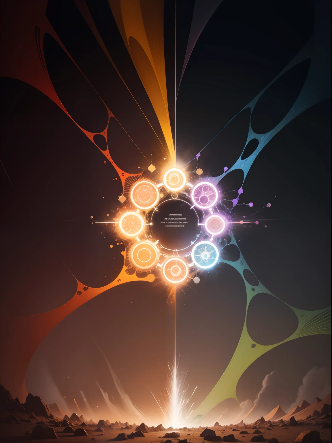 Imagine a chaotic scenario, where multiple elements interact and connect intricately. Each element has its own color, Unique shape and pattern. Como esses elementos se relacionam, Dynamic connections and interactions emerge that form a complex web of relationships. Alguns elementos parecem dominar a cena, while others play more subtle roles, But they are all important pieces of this intricate system. Visualize essa imagem, com seus elementos interligados e pulsantes de energia, conveying the idea of a complex system in constant motion and evolution; alta resolução; futurista; complete lighting set