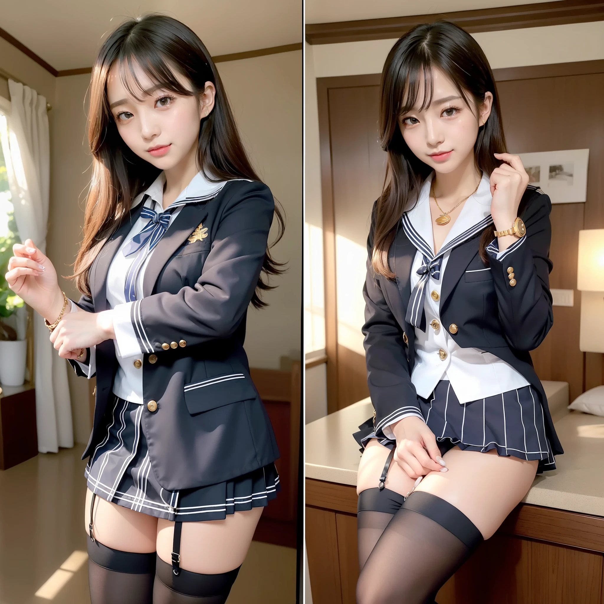 ((top-quality、in 8K、​masterpiece、Photorealsitic:1.3))、((physically-based renderingt、Emphasis on balance、the golden ratio))、1girl in、adult lady、adult-like、lady、Chilarism、Shy smile、FULL BODYSHOT、Slightly slimmer face、Pretty women、A Japanese Lady、二重まぶた、long lashes、Smaller face、E-cup、long legged、beauty legs、((Sailor Suit or Blazer Uniform))、(Stockings or knee-high stockings or raw legs)、Knee-length skirt、high-heels、piercings、A bracelet、a necklace、Standing、