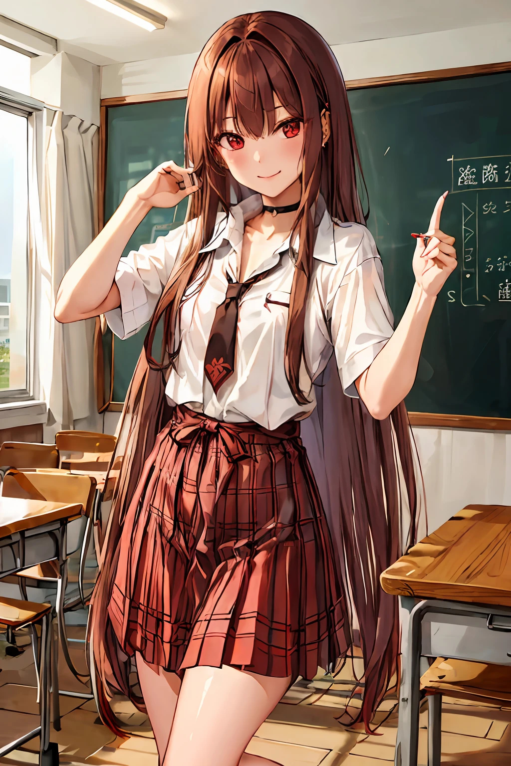 masterpiece, top-quality, hight resolution,1girl in, brown haired, length hair, red eyes, jewely, 耳Nipple Ring, piercings, 校服, white shirt, Tied shirt, a black choker, Blue tie, plaid skirts, Standing with a shy smile, cowboy shot, Classroom