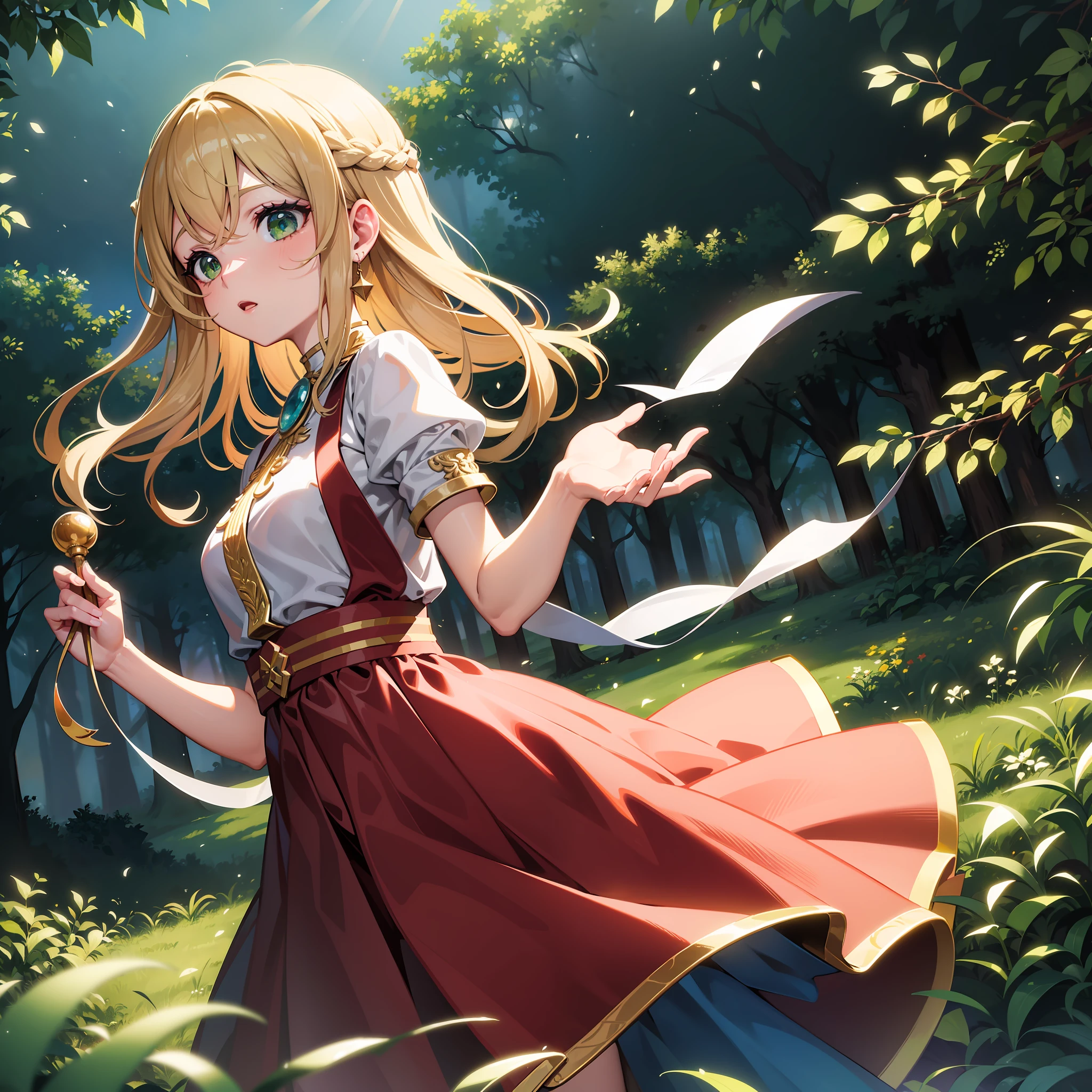 Obra de arte, obra-prima, melhor desinger, best illustration, (melhor qualidade, desempenho ilustrado:1.2), uma menina de cabelos brancos, cumshot, olhos verdes, pele alva, usando uma camisa sem mangas, Forest art scene in oil painting watercolor, illustrated artistic cinematic lighting--Niji:5--Cinematic lighting --s2