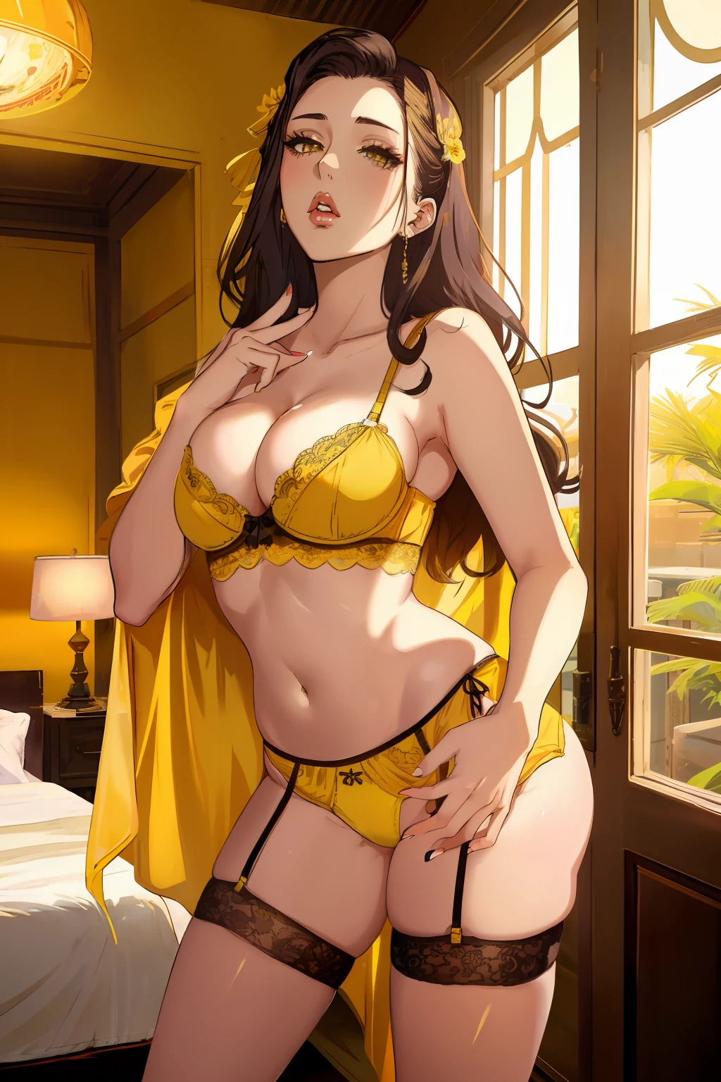 araffed woman in yellow lingerie posing in a room, seductive lady, in yellow bikini, angelawhite, hot petite, beautiful yellow woman, in a yellow bikini, posing in a bedroom, yellow translucent lace, alone gorgeous latin woman, y girl, yummy, seductively looking in front, seductive pose, wearing sexingerie, posing in bra, violet myers
