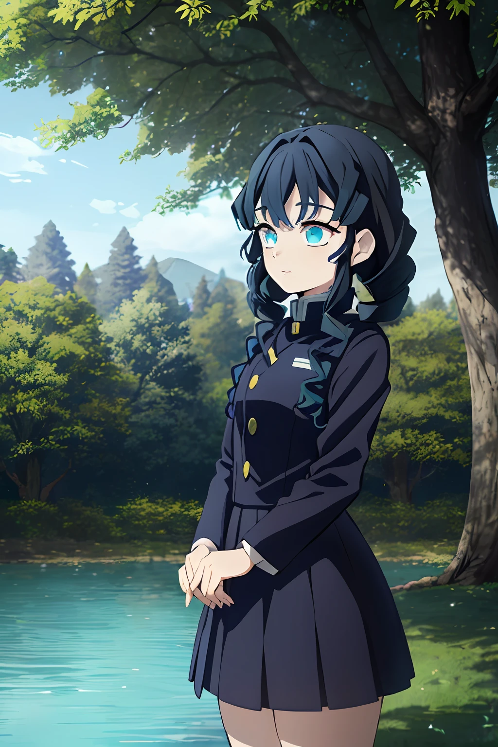 Kimetsu no Yaiba style, 1girl, Short dark blue hair, chestnut curly curls, Cyan eyes, Dark blue Haori, Demon Slayer Uniform, little chest, 独奏, woods, a tree, luna, water, anime coloring, ((Masterpiece))