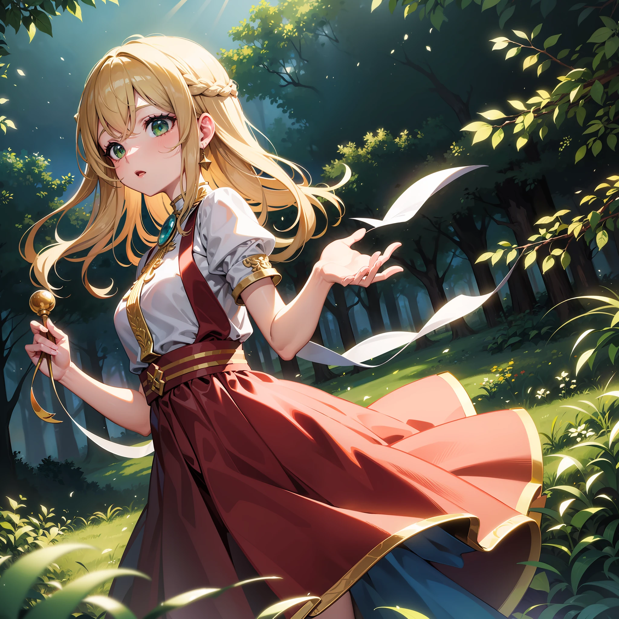 Obra de arte, obra-prima, melhor desinger, best illustration, (melhor qualidade, desempenho ilustrado:1.2), uma menina de cabelos brancos, cumshot, olhos verdes, pele alva, usando uma camisa sem mangas, Forest art scene in oil painting watercolor, illustrated artistic cinematic lighting--Niji:5--Cinematic lighting --s2