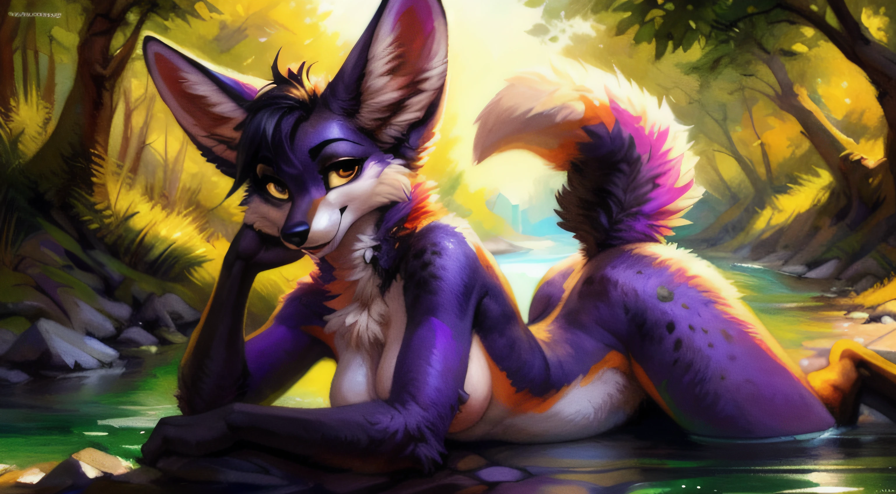 subido a e621, (por kenket, por Ross Tran, por Ruan Jia, por Foxovh) An anthropomorphic fox from Fennec (((hembra))) de (cola, pecho y cuello) esponjada, grandes manos, de ojos color ambar, con lunares cafe claro en hombros y muslos, borde de las orejas es cafe, en su cola posee 2 lunares grandes color blanco con un anillo cafe alrededor, Fursona, Looking at the camera with a mischievous look, Open Invitation, mirada picara, (In the middle of a forest with a river in the background), (detailed lighting), (cinematography lighting), [luz ambiental detallada], Fursona, ((sombra de medio cuerpo)), [luz ambiental en el vientre], [proporciones realistas], [explicit content], [foco nítido], (contenido cuestionable), (sombreado), ((obra maestra))