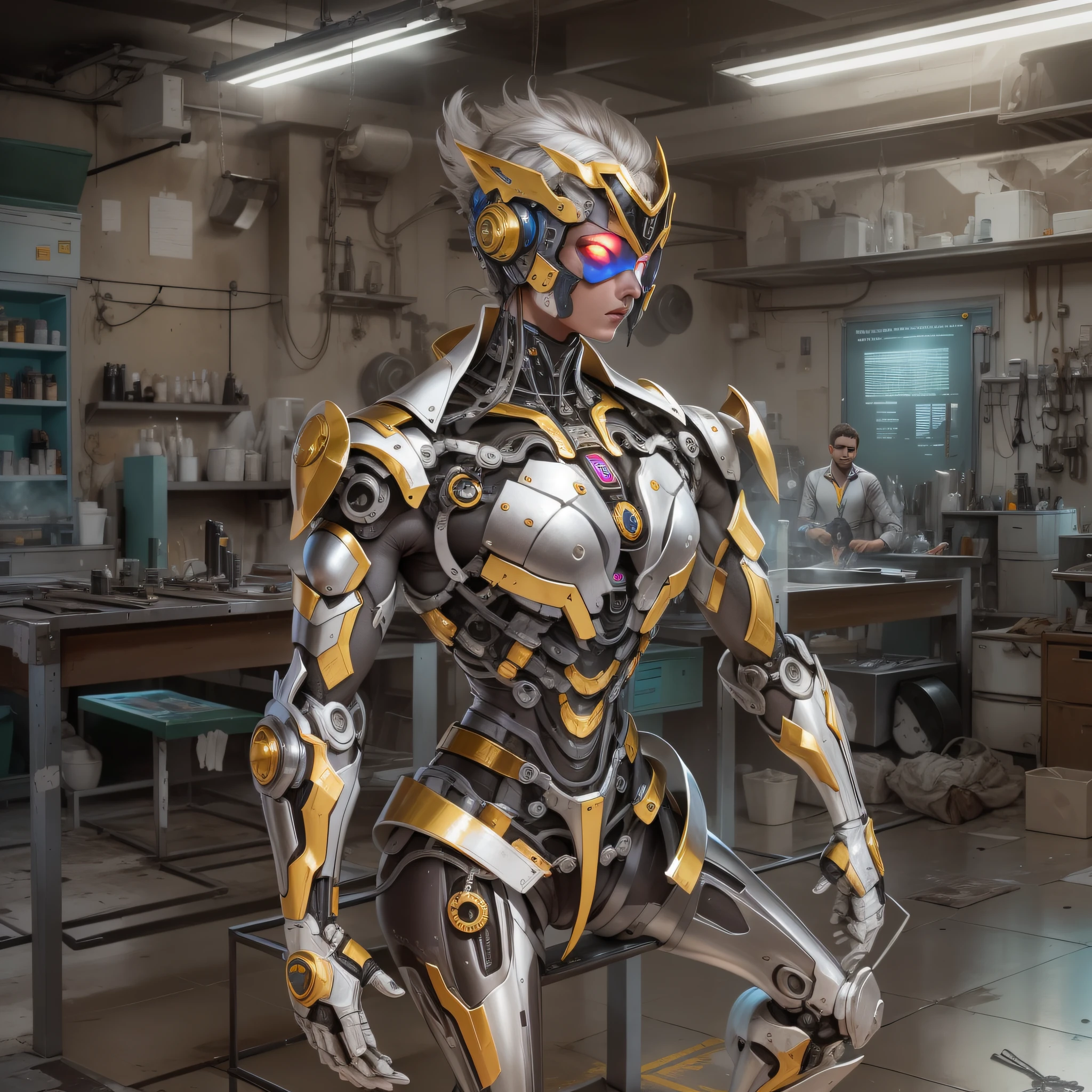 basado en allita: angel de combate, allita es una robot con pelo corto, ojos grandes y cuerpo mecanico desde el cuello hasta los pies , con aberturas en su cuerpo que deja entrever cabres, motores y maquinaria, cu cuerpo es de plata con incrustaciones de oro y bronce que relucen. se encuentra en un laboratorio futurista de ciencia ficcion.
