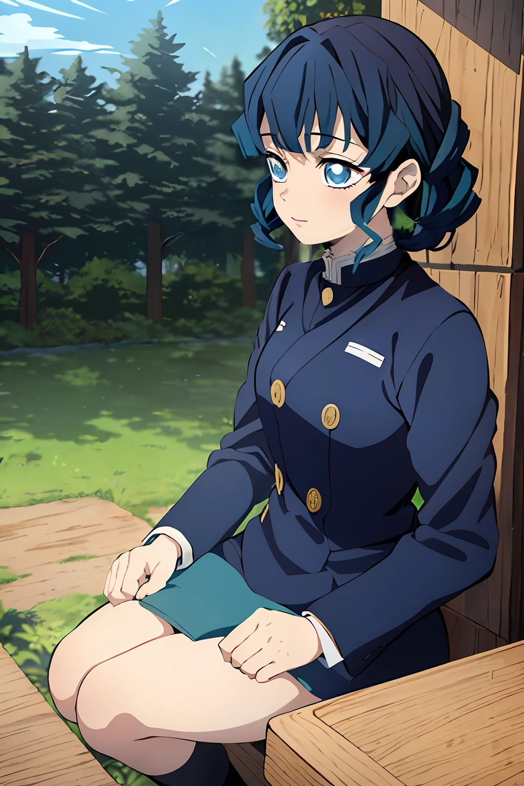 Kimetsu no Yaiba style, 1girl, Short dark blue hair, chestnut curly curls, Cyan eyes, Dark blue Haori, Demon Slayer Uniform, little chest, 独奏, woods, a tree, luna, water, anime coloring, ((Masterpiece))