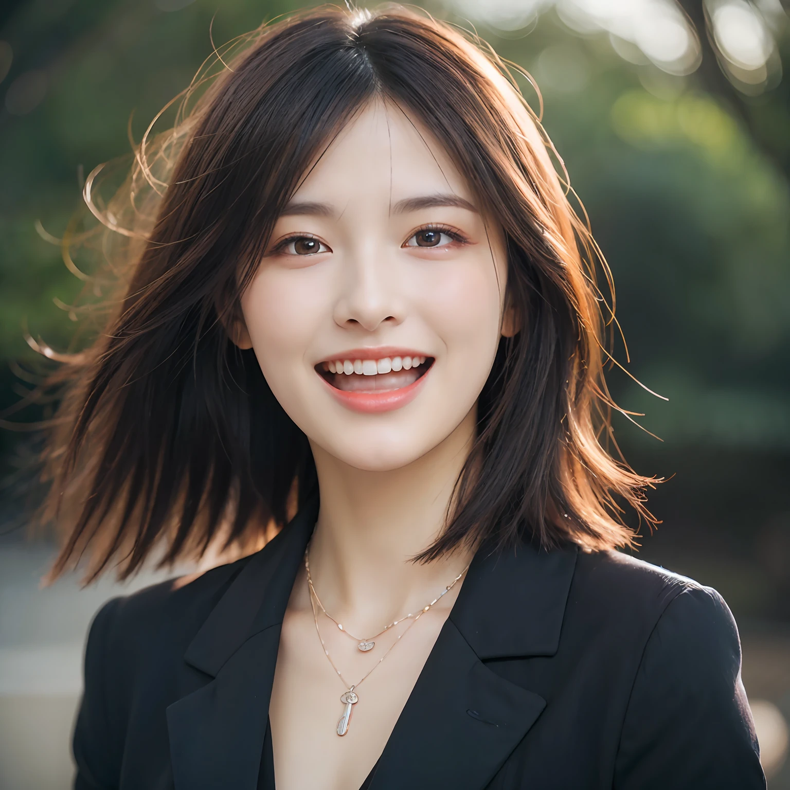 Dressed, (photographrealistic:1.4), (Hyper realistic:1.4), (Realistic:1.3), (Smoother lighting:1.05), (increase cinematic lighting quality:0.9), 32K, 1girl in,25-years old, Realistic lighting, Backlighting, Light on Face, raytrace, (Brightening light:1.2), (Increase quality:1.4), (Top quality real texture skins:1.4), finely detailed eyes, finerly detailed face, (tired and sleepy and joy:0), (Laugh:1.4), Black Suit,a necklace, (Increase body line mood:1.1), (Increase the beauty of skin texture:1.1)