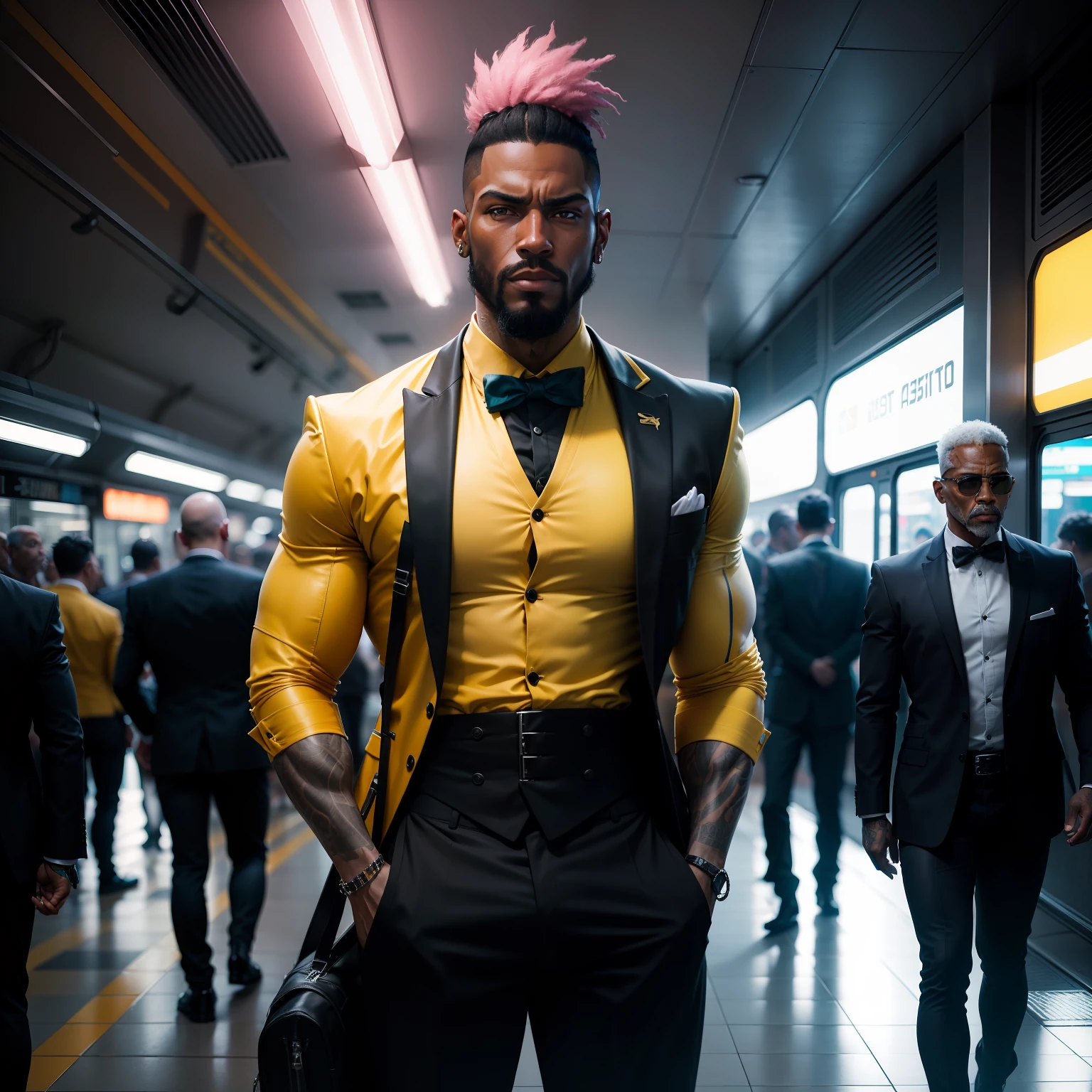 gostaria de uma imagem estilo cyberpunk em 4k de um homem de mais ou menos 40 anos ,portanto,portanto,africano, forte, musculoso,Bodybillder,muito forte de pele negra ,barba grande,barba, Estiloso Barbon,com cabelo punk estilo anos 80 na cor amarelo e cinza escuro,muito eLegante,, futurista e estiloso neon , com uma tatuagem super colorida e com neon ,Toattoo, facing a metro station on the platform , with station lights failing in a dimly lit environment, standing dressed in a dark yellow suit with a pink bow tie and baggy shirt.