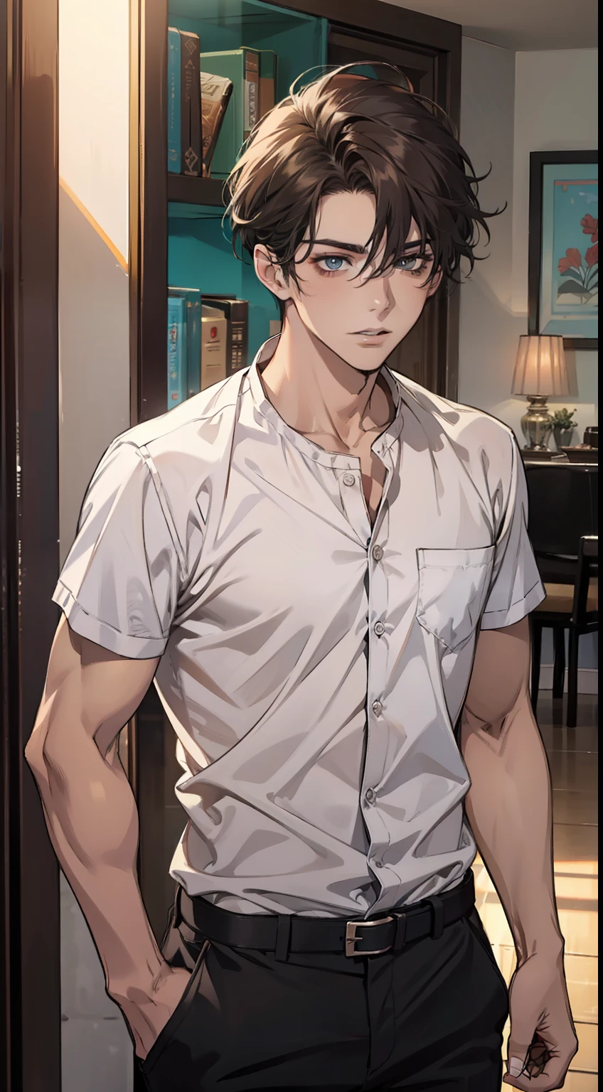 Homem Adolescente bonito camisa branca casaco marrom olhos castanhos cabelo castanho curto