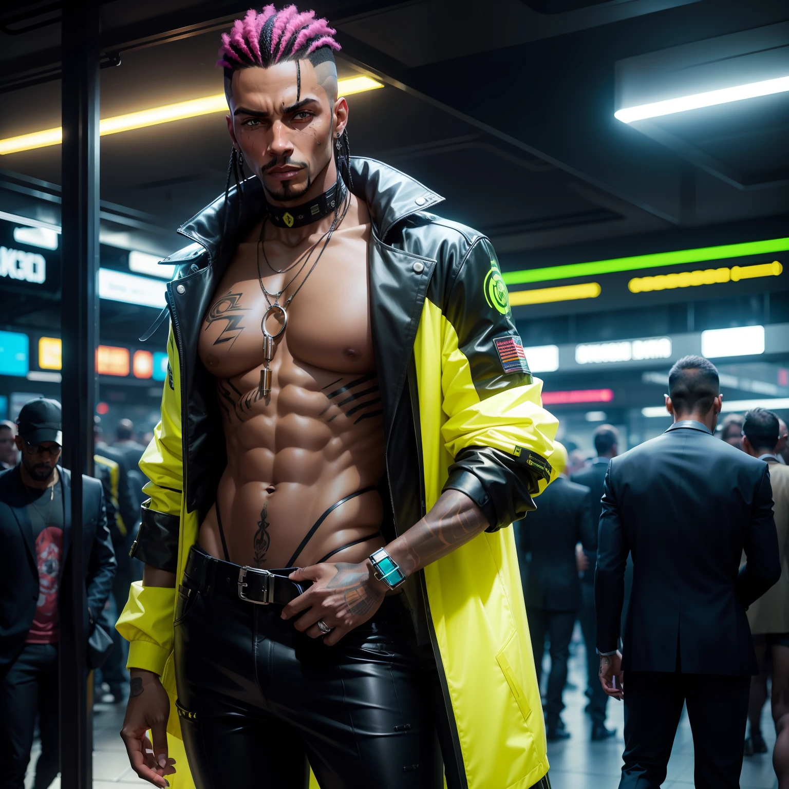 Eu gostaria de uma imagem estilo cyberpunk em 4k , obra prima, homens vestido com camisa grande larga cyberpunk futuristica, africano , 45anos, pele negra ,barba grande,com cabelo punk estilo anos 80 na cor amarelo ,muito eLegante,, futurista e estiloso neon , com uma tatuagem super colorida e com neon ,Toattoo, facing a metro station on the platform , with station lights failing in a dimly lit environment, standing dressed in a dark yellow suit ,estilo cyberpunk 2077 com uma gravata borboleta rosa, vestido com camisa larga, Camisa Masculina.