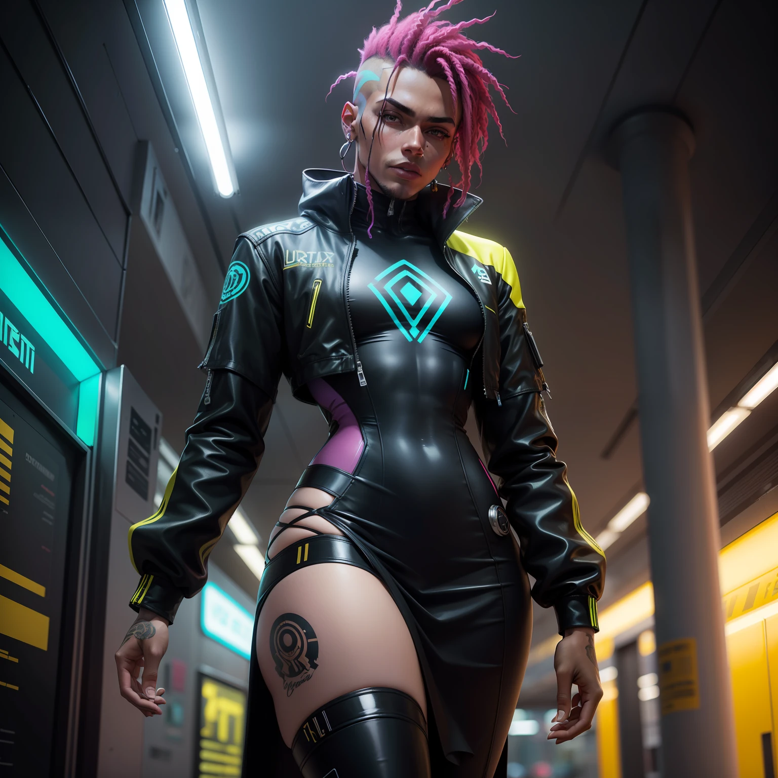 Eu gostaria de uma imagem estilo cyberpunk em 4k , obra prima, homens vestido com camisa grande larga cyberpunk futuristica, africano , 45anos, pele negra ,barba grande,com cabelo punk estilo anos 80 na cor amarelo ,muito eLegante,, futurista e estiloso neon , com uma tatuagem super colorida e com neon ,Toattoo, facing a metro station on the platform , with station lights failing in a dimly lit environment, standing dressed in a dark yellow suit ,estilo cyberpunk 2077 com uma gravata borboleta rosa, vestido com camisa larga, Camisa Masculina.