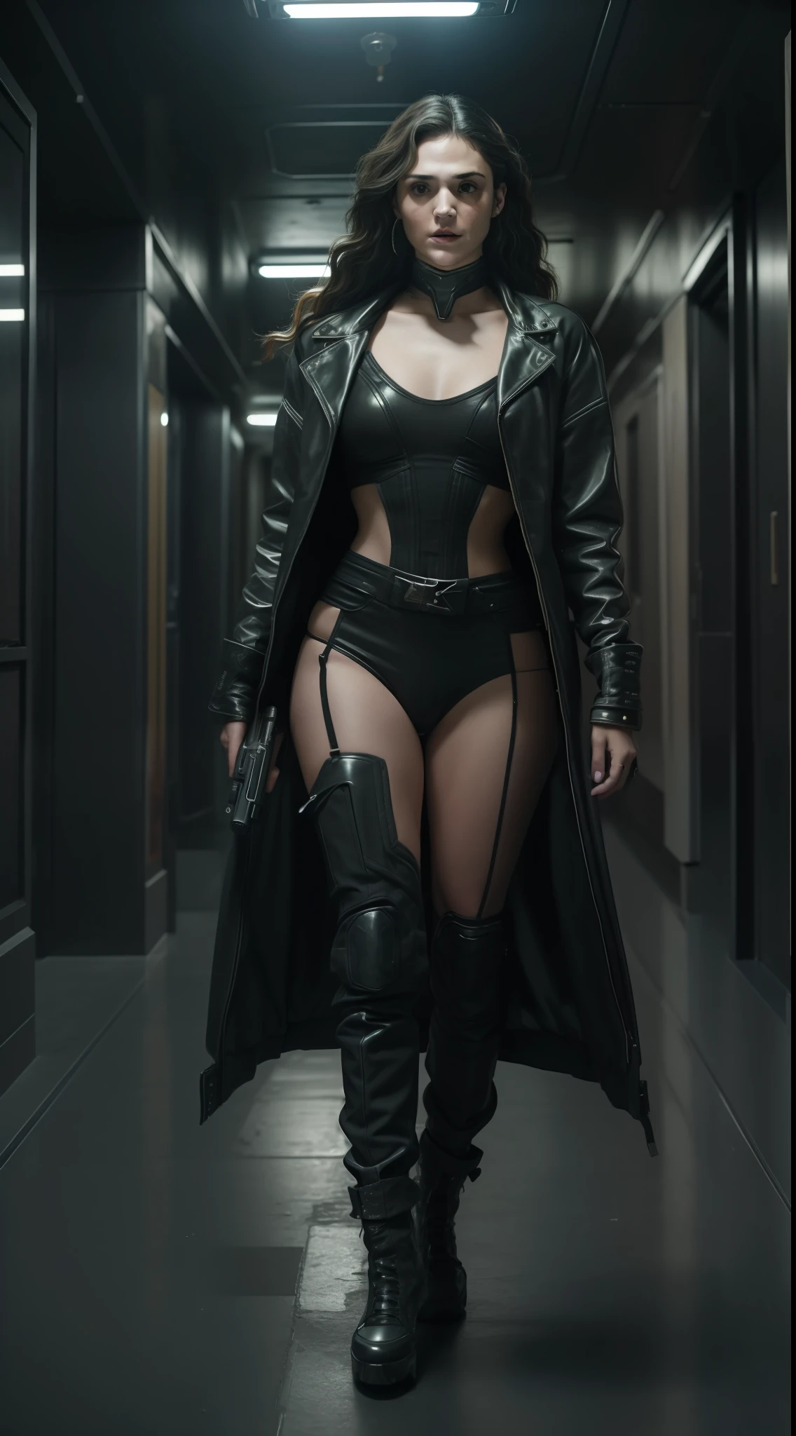 8k, ARTISTIC photography, best quality, masterpiece: 1.2), (realistic, photorealistic: 1.37)` Movie still from johnny mnemonic movie directed by (Robert Longo), (cyberpunk girl Holding a Gun ), ((Katie McGrath)) beautiful body, voluptuous, perky breast (( dressed in a Futuristic bubble jacket )), (((over-detailed clothing))), (((the color of the clothes is #FF6B1A))), posing, IN A Empty futuristic corridor lit by long LED lights.. background,
