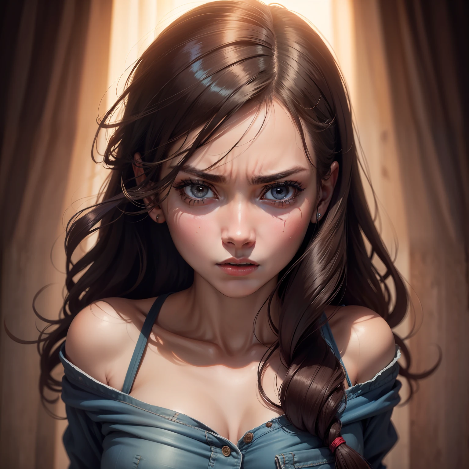 Make a woman with a face of worry and fear.