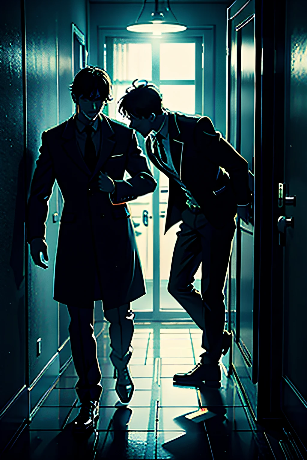 Another man pulls Alex, who was hiding under the bed, out into the open. The room is now bathed in a pale moonlight, casting long shadows that add to the eerie atmosphere. Alex's fear is palpable as he is confronted by the mysterious stranger.
The man, with a stern expression on his face, keeps a firm grip on Alex's arm, preventing any escape. Alex's heart races, and he struggles to break free, but the stranger's strength is overpowering. The suspense heightens as the true intentions of the man remain shrouded in mystery.
Amid the tense silence, the sound of distant footsteps and eerie whispers can be faintly heard, adding to the sense of danger and uncertainty. The room feels claustrophobic, and Alex's desperate attempts to understand the stranger's motives only lead to more questions.
As the suspense continues to build, the audience is left on the edge of their seats, eagerly anticipating the next twist in this mysterious and gripping tale.